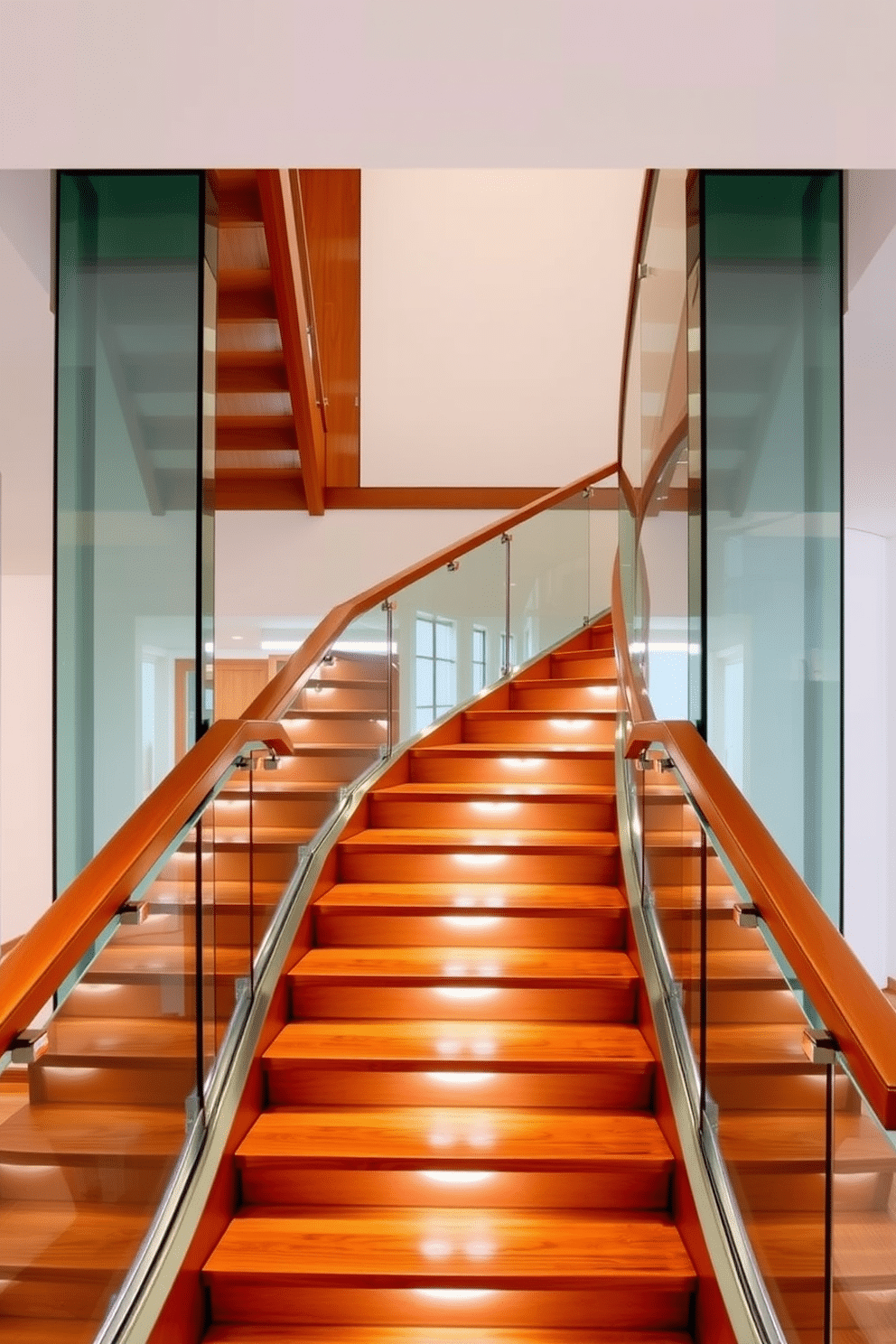 A modern U-shaped staircase design featuring sleek glass panels that create an open and airy feel. The staircase is framed by elegant wooden handrails, with soft LED lighting embedded in the steps to enhance safety and ambiance.