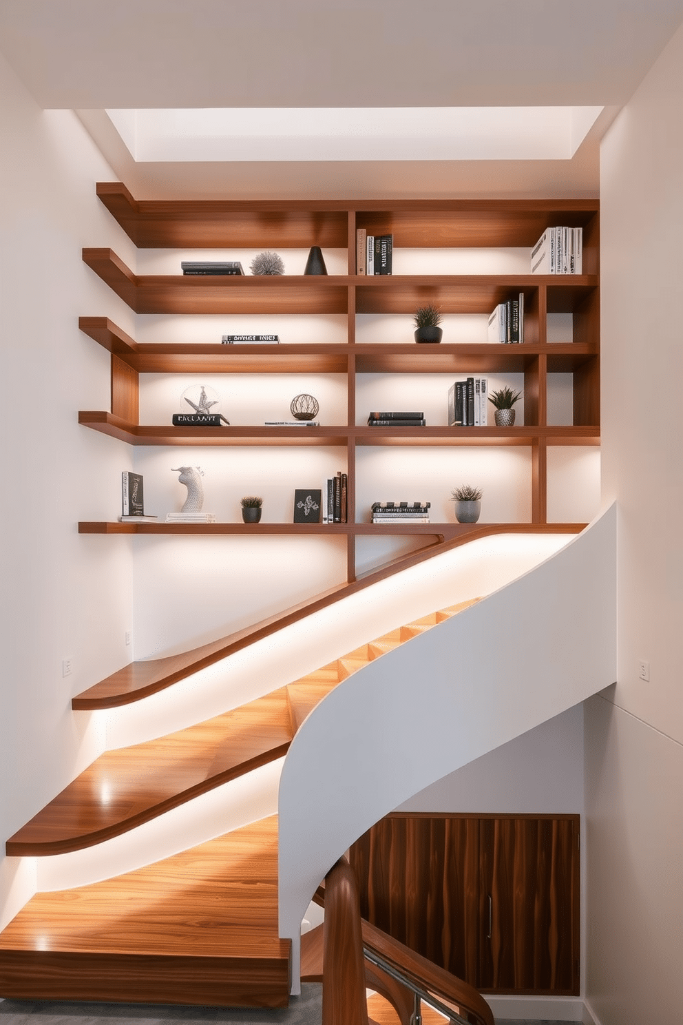 A stunning U-shaped staircase features integrated shelving that seamlessly blends functionality with aesthetics. The shelves, crafted from polished wood, are adorned with decorative books and small potted plants, enhancing the overall elegance of the space. The staircase itself boasts a sleek design, with smooth, curved lines that guide the eye upward. Soft ambient lighting highlights the shelving and staircase, creating a warm and inviting atmosphere.