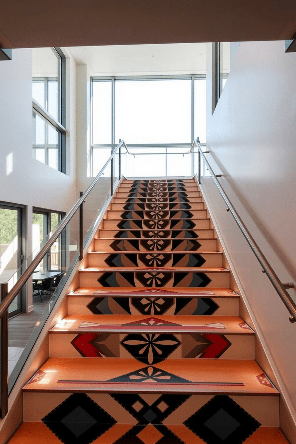 A modern U-shaped staircase features risers adorned with striking geometric patterns in contrasting colors, adding a dynamic visual element to the space. The staircase is framed by sleek metal railings and illuminated by natural light streaming through large windows, enhancing the overall aesthetic. Each riser showcases a unique geometric design, creating a cohesive yet varied look that draws the eye as one ascends or descends. The surrounding walls are painted in a soft neutral tone, allowing the bold patterns to stand out while maintaining an elegant atmosphere.