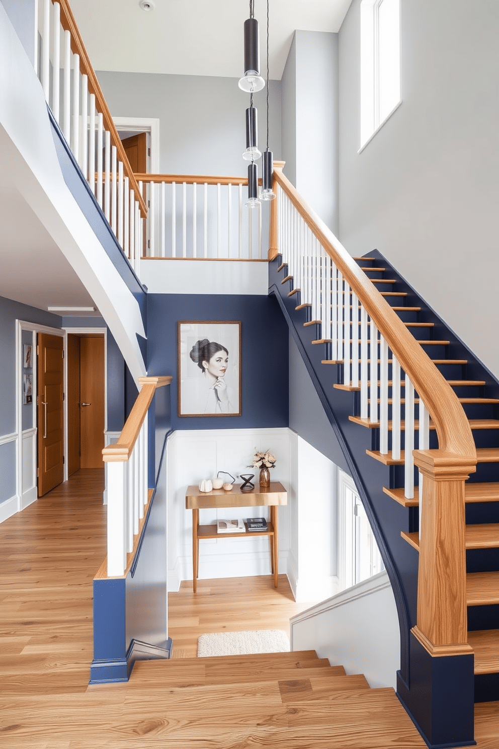 A stunning U-shaped staircase features a bold color palette, with the risers painted in a deep navy blue and the treads in a crisp white for a striking contrast. The handrail is crafted from polished oak, adding warmth and elegance to the modern design while the walls are adorned with minimalist artwork that complements the staircase's aesthetic. The staircase is illuminated by sleek pendant lights hanging from the ceiling, casting a soft glow on the contrasting colors below. At the landing, a small console table displays decorative items, creating an inviting focal point that enhances the overall ambiance of the space.