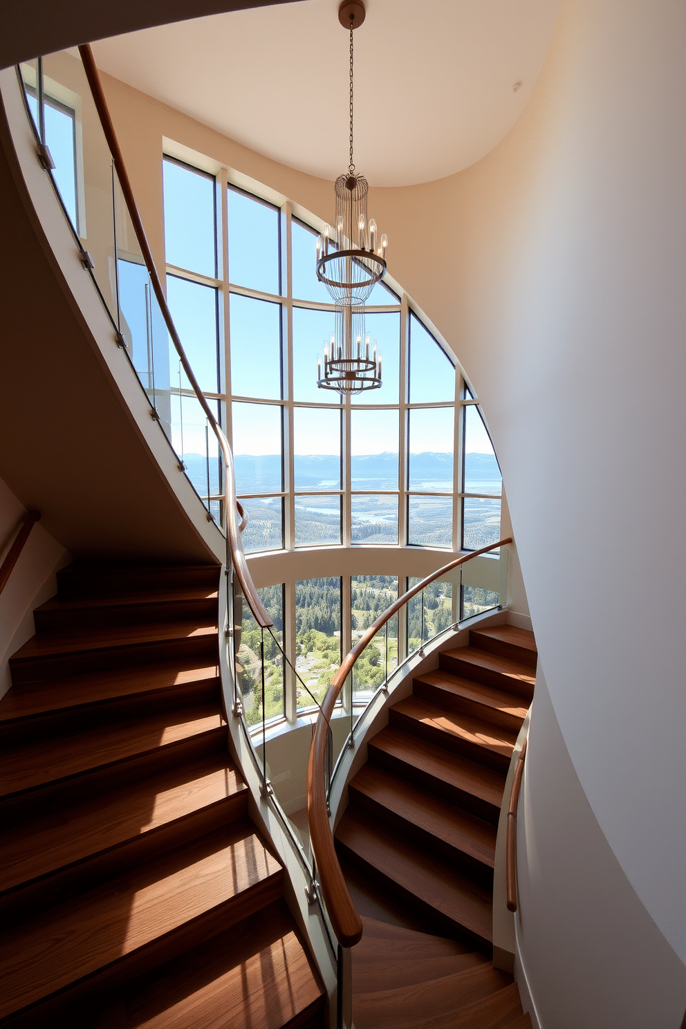 A striking U-shaped staircase elegantly curves upward, framed by a panoramic window that showcases breathtaking views of the surrounding landscape. The staircase features a sleek wooden handrail and glass balustrades, allowing natural light to flood the space and create an airy atmosphere. The steps are crafted from rich hardwood, contrasting beautifully with the soft, neutral tones of the walls. A modern chandelier hangs above, casting a warm glow and accentuating the staircase's architectural beauty.