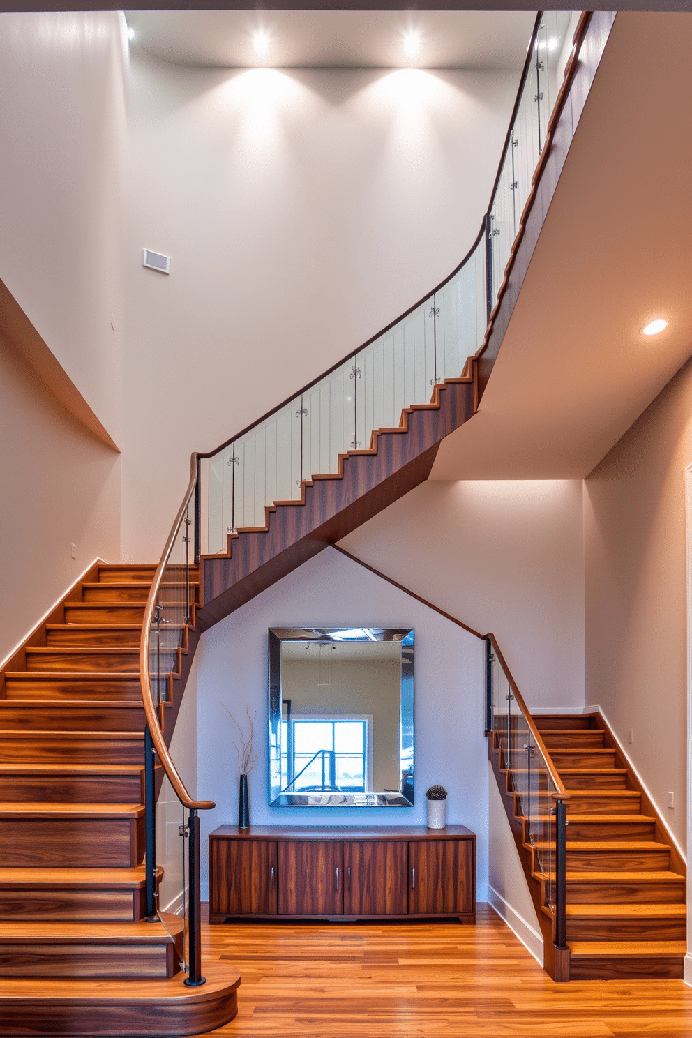 A stunning entryway features a U-shaped staircase with elegant wooden steps and a sleek glass railing. Recessed lighting is strategically placed along the staircase to create a dramatic effect, highlighting the architectural details and enhancing the overall ambiance. The walls are adorned with soft, neutral tones that complement the rich wood of the staircase. At the base, a chic console table sits beneath a large mirror, reflecting the warm glow of the recessed lights above.