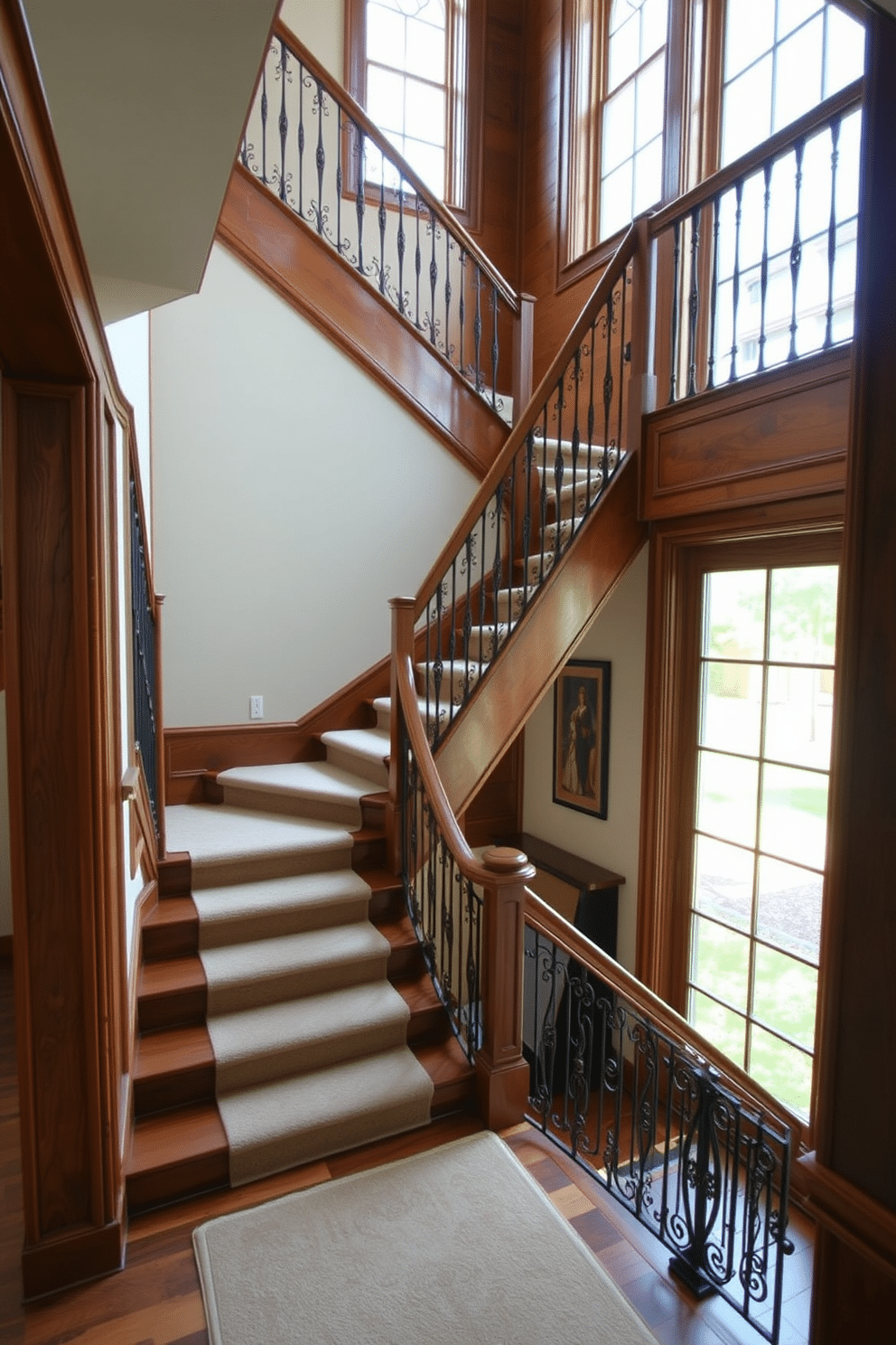 A U-shaped staircase with vintage wood finishes creates a stunning focal point in any home. The rich grains of the wood are complemented by elegant wrought iron railings, enhancing the timeless appeal of the design. The staircase features a plush runner in a neutral tone, adding warmth and comfort underfoot. Natural light filters through large windows, illuminating the intricate details of the woodwork and inviting a sense of grandeur to the space.