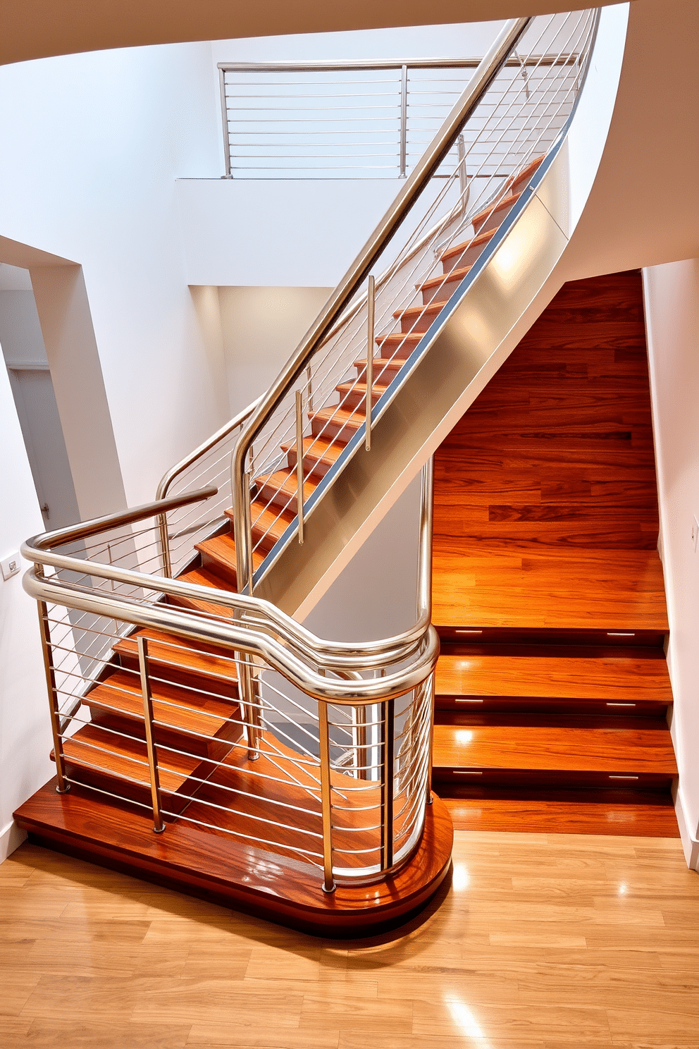 A modern U-shaped staircase features sleek metallic railings that reflect light beautifully. The steps are crafted from rich hardwood, contrasting elegantly with the polished metal accents. The staircase is illuminated by strategically placed LED lights, enhancing its architectural lines. Surrounding the staircase, a minimalist design approach incorporates neutral colors and geometric shapes for a cohesive look.