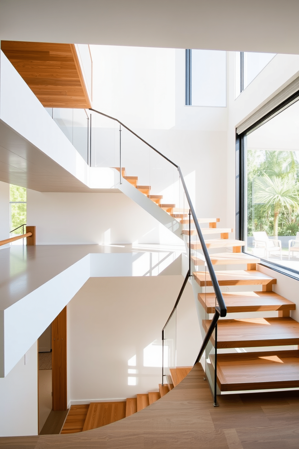 A modern U-shaped staircase features open risers that create an airy and spacious feel, allowing natural light to flow through the design. The sleek lines of the staircase are complemented by a minimalist railing, enhancing the contemporary aesthetic of the home.