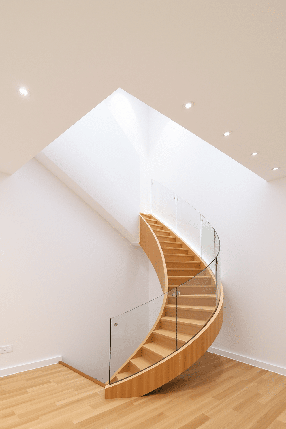 A minimalist design featuring sharp angles creates a striking visual impact, emphasizing clean lines and open spaces. The U-shaped staircase, crafted from light wood, elegantly curves and showcases a glass railing that enhances the airy feel of the room. The walls are painted in a soft white, allowing the staircase to serve as a focal point. Strategically placed recessed lighting highlights the angles, creating dramatic shadows that add depth to the minimalist aesthetic.