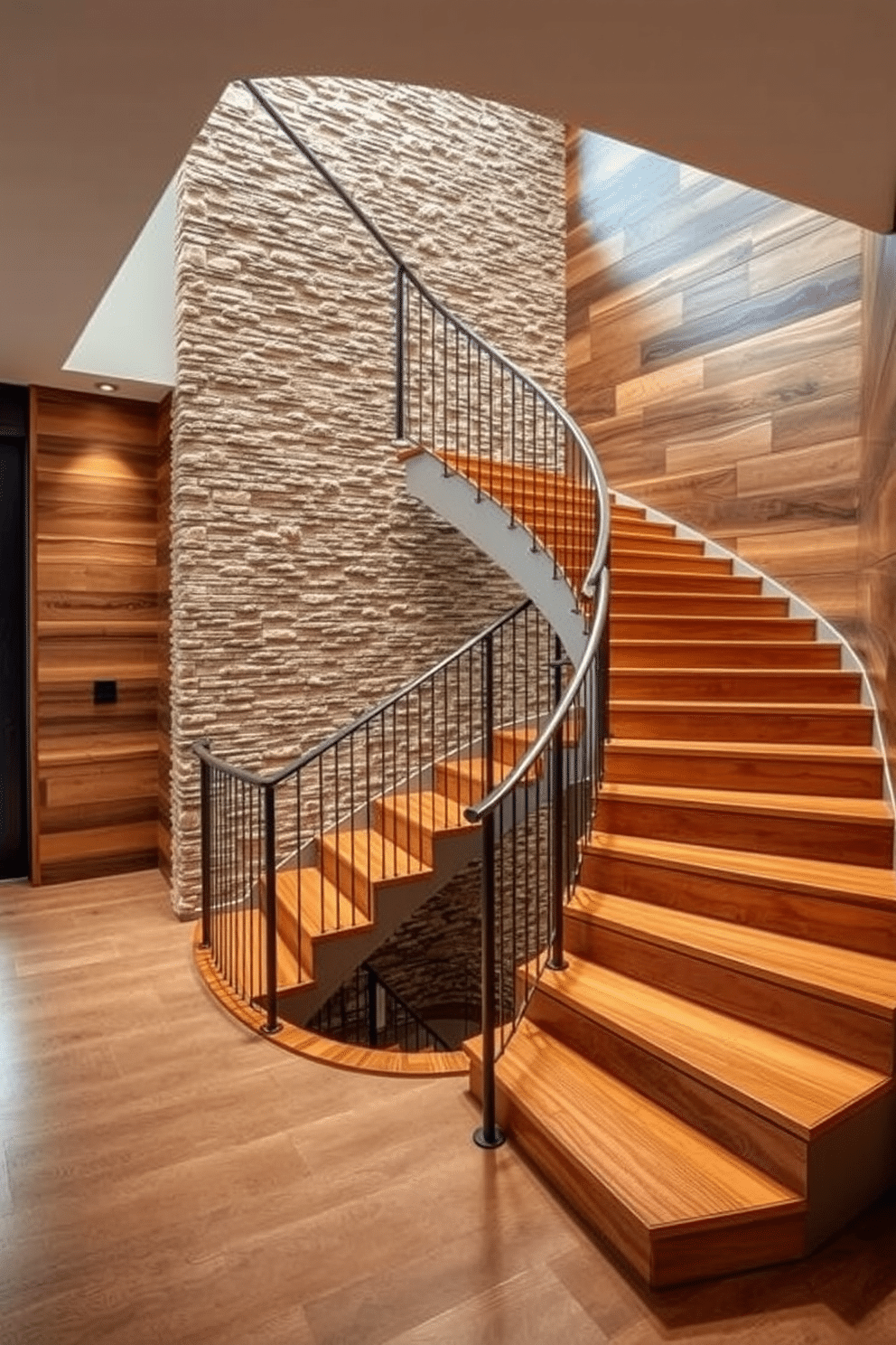 A stunning U-shaped staircase features a textured wall that adds depth and visual interest to the space. The wall is adorned with a combination of natural stone and wood paneling, creating a warm and inviting atmosphere. The staircase itself showcases elegant wooden steps with a sleek metal railing that complements the textured wall. Soft, ambient lighting highlights the staircase's curves and enhances the overall aesthetic of the entryway.