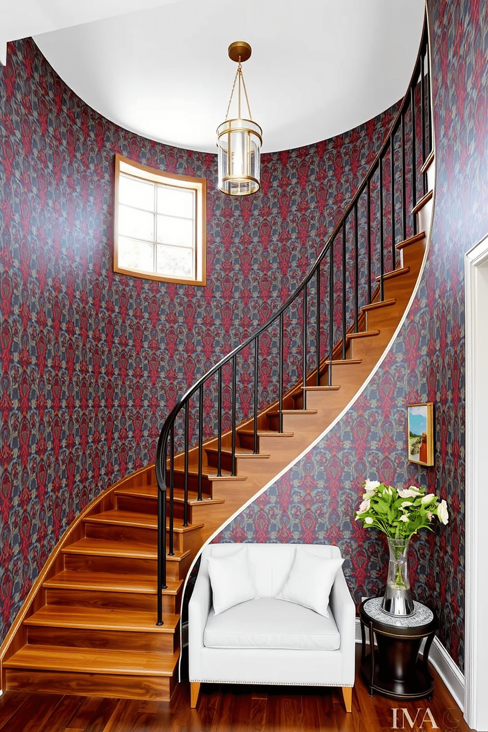 A stunning U-shaped staircase features bold, graphic wallpaper that draws the eye and adds a dramatic flair to the entryway. The wallpaper showcases a vibrant pattern in rich colors, perfectly complementing the sleek wooden steps and modern railing design. The staircase is illuminated by a stylish pendant light that hangs gracefully from the ceiling. Below, a cozy seating area invites guests to pause and admire the striking design elements that elevate the overall aesthetic.