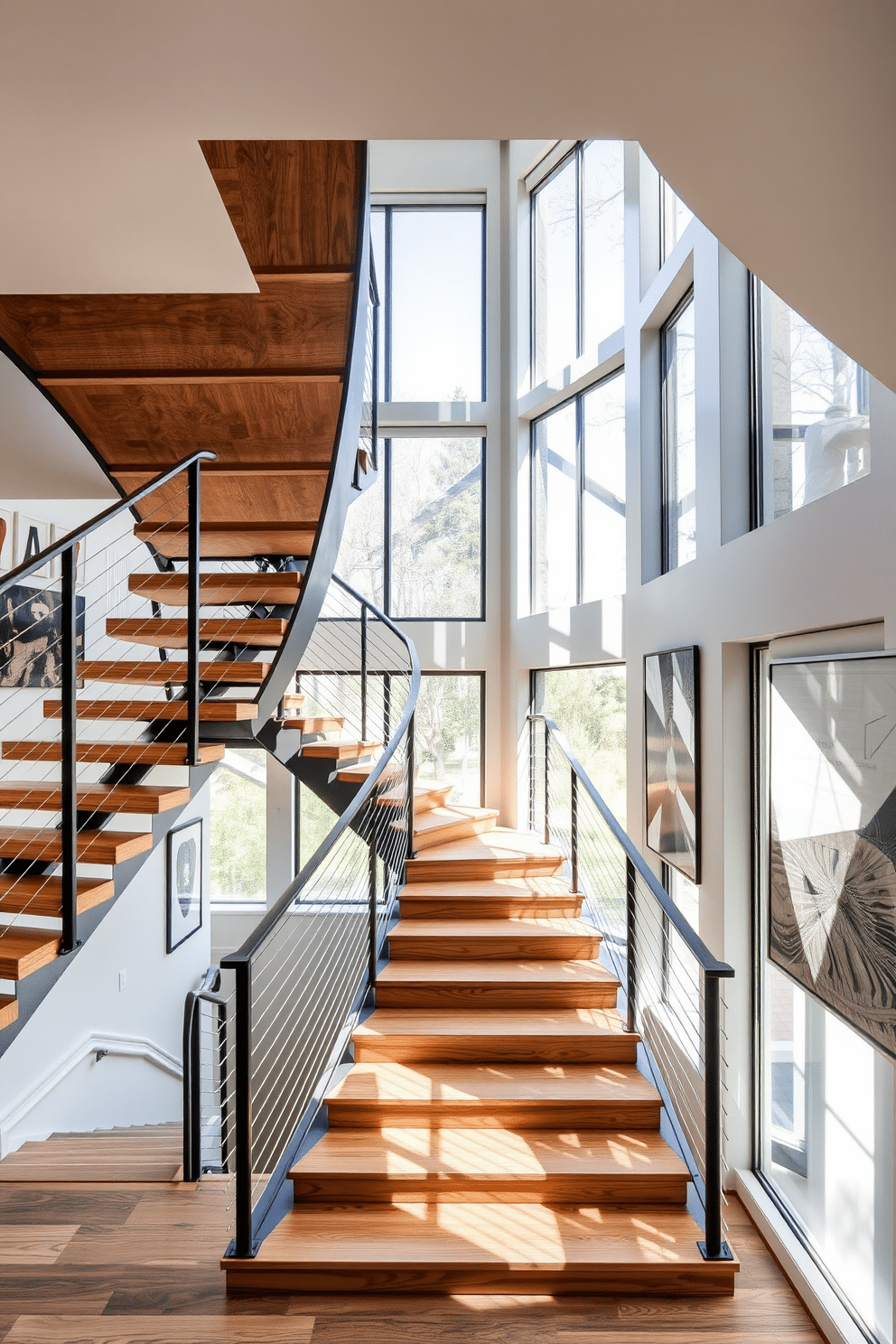 A stunning U-shaped staircase design featuring a combination of wood and metal elements. The staircase has sleek wooden treads and a modern metal railing, creating a striking contrast that enhances the overall aesthetic. Natural light floods the space through large windows, illuminating the staircase and highlighting the textures of the mixed materials. The surrounding walls are adorned with contemporary artwork, adding a touch of sophistication to the design.