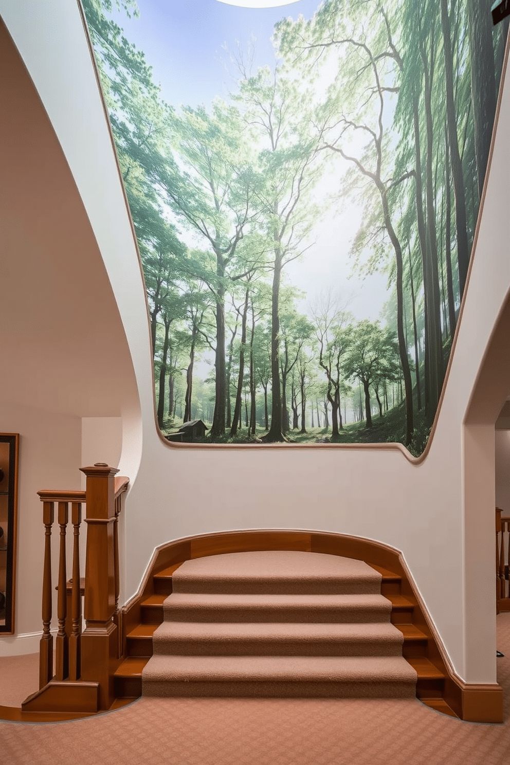 A stunning scenic mural adorns the staircase wall, depicting a tranquil forest scene with soft, dappled sunlight filtering through the trees. The U-shaped staircase features elegant wooden railings and plush carpet runners, creating a warm and inviting atmosphere that complements the mural beautifully.