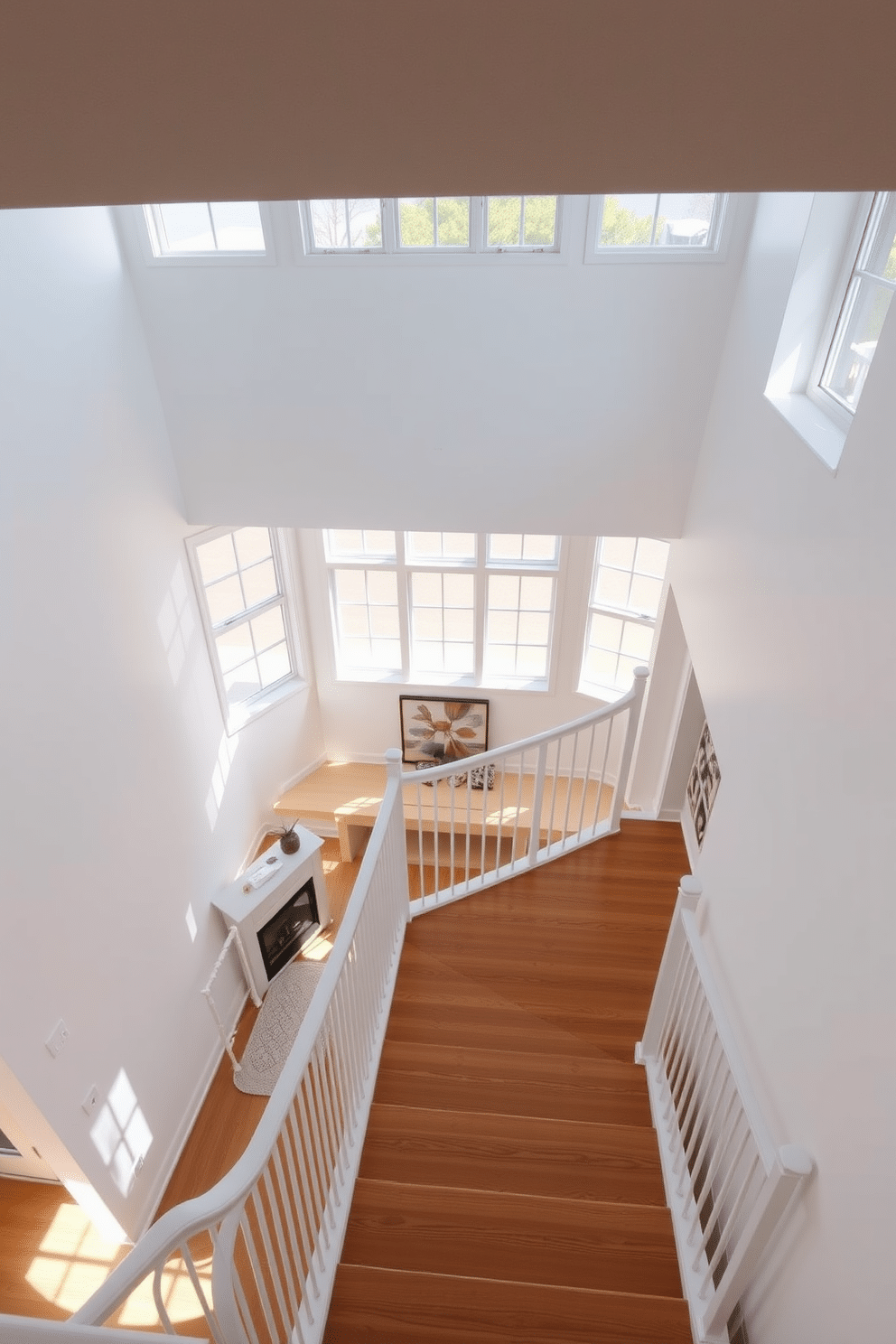 A bright and airy U-shaped staircase with sleek white railings and wooden treads, illuminated by natural light streaming through large windows. The walls are painted in a soft white, creating a seamless flow with the open space, while decorative artwork adds a touch of elegance to the landing.