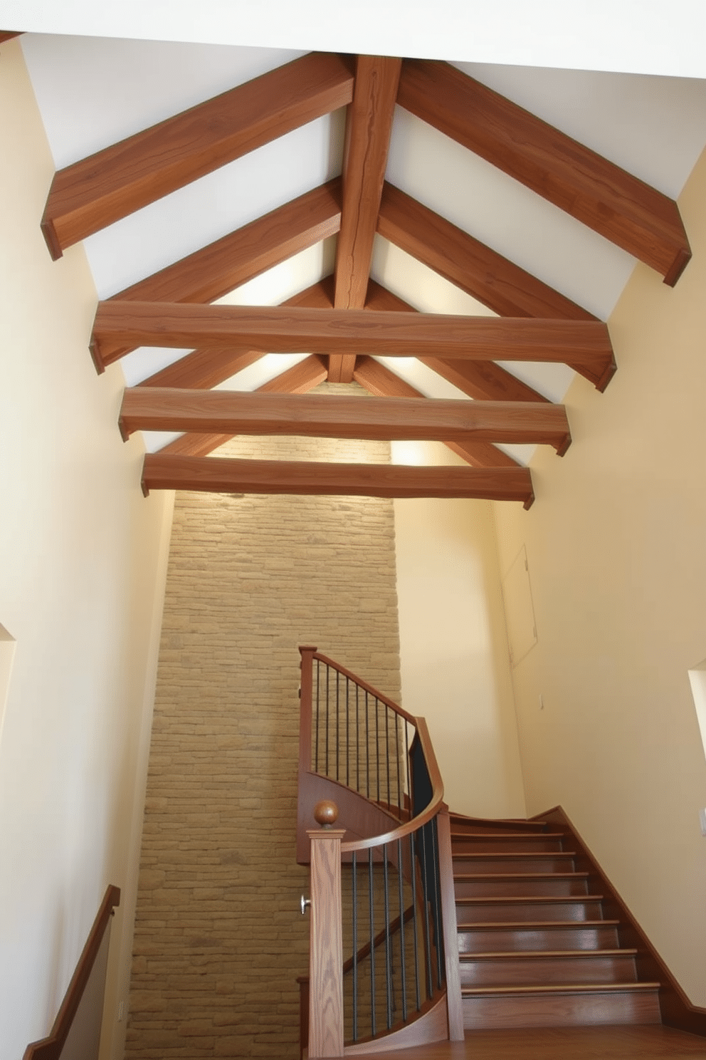 A warm and inviting U-shaped staircase features rustic wooden beams overhead, adding character and charm to the space. The staircase is flanked by a natural stone wall, with soft lighting highlighting the texture and warmth of the materials.