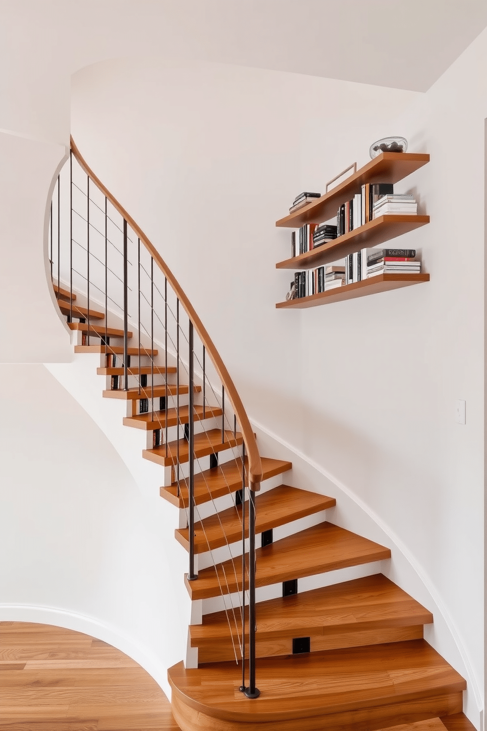 A modern U-shaped staircase elegantly curves between two levels, featuring sleek wooden steps and a minimalist metal railing. Beside the staircase, floating shelves are mounted on the wall, displaying a curated collection of books and decorative items, enhancing the contemporary aesthetic.