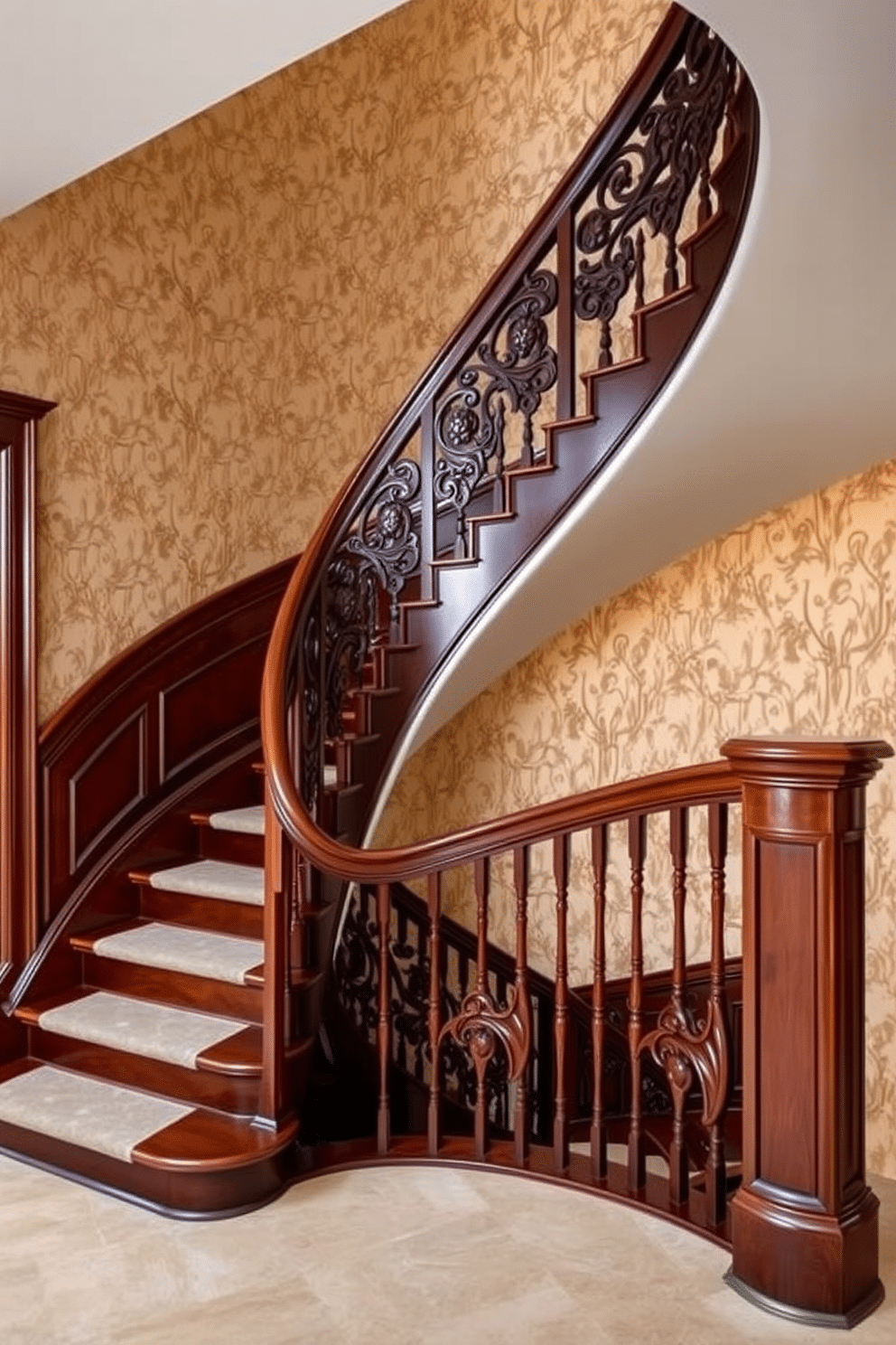 A stunning U-shaped staircase features a gracefully curved handrail adorned with intricate floral carvings. The staircase is finished in rich mahogany, complementing the elegant wallpaper that lines the walls, creating a seamless blend of craftsmanship and style.