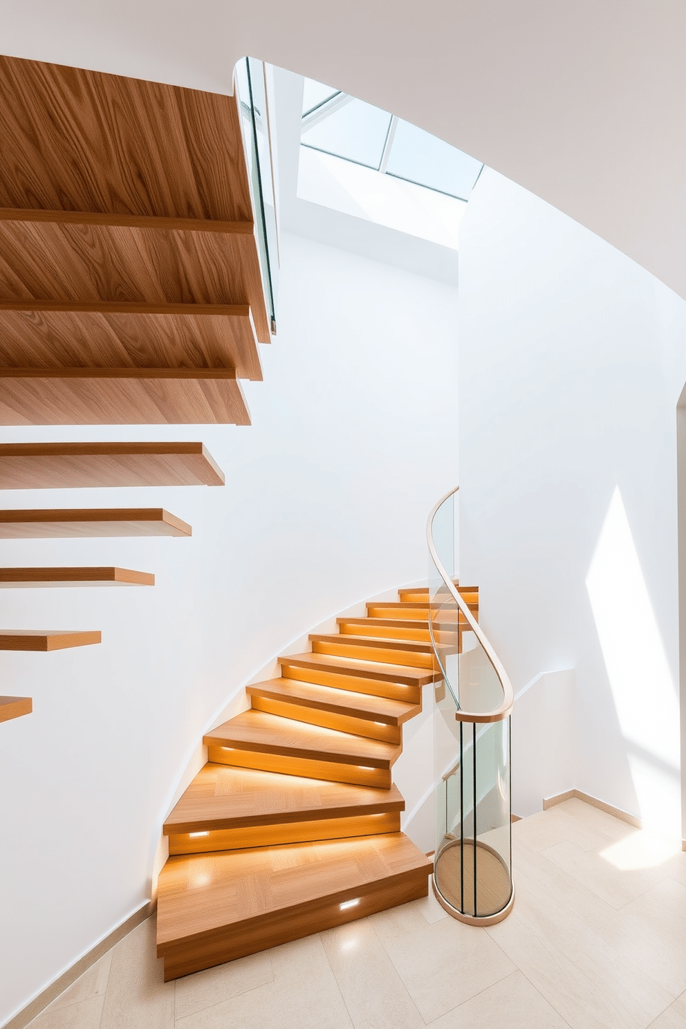 A floating staircase with a minimalist aesthetic features sleek wooden treads that appear to defy gravity, supported by a hidden metal structure. The surrounding walls are painted in crisp white, enhancing the airy feel, while a large skylight above allows natural light to flood the space. The U-shaped staircase design incorporates elegant curves with a combination of wood and glass, creating a seamless transition between levels. Soft LED lighting is integrated into the steps, providing a warm glow that accentuates the staircase's architectural beauty.