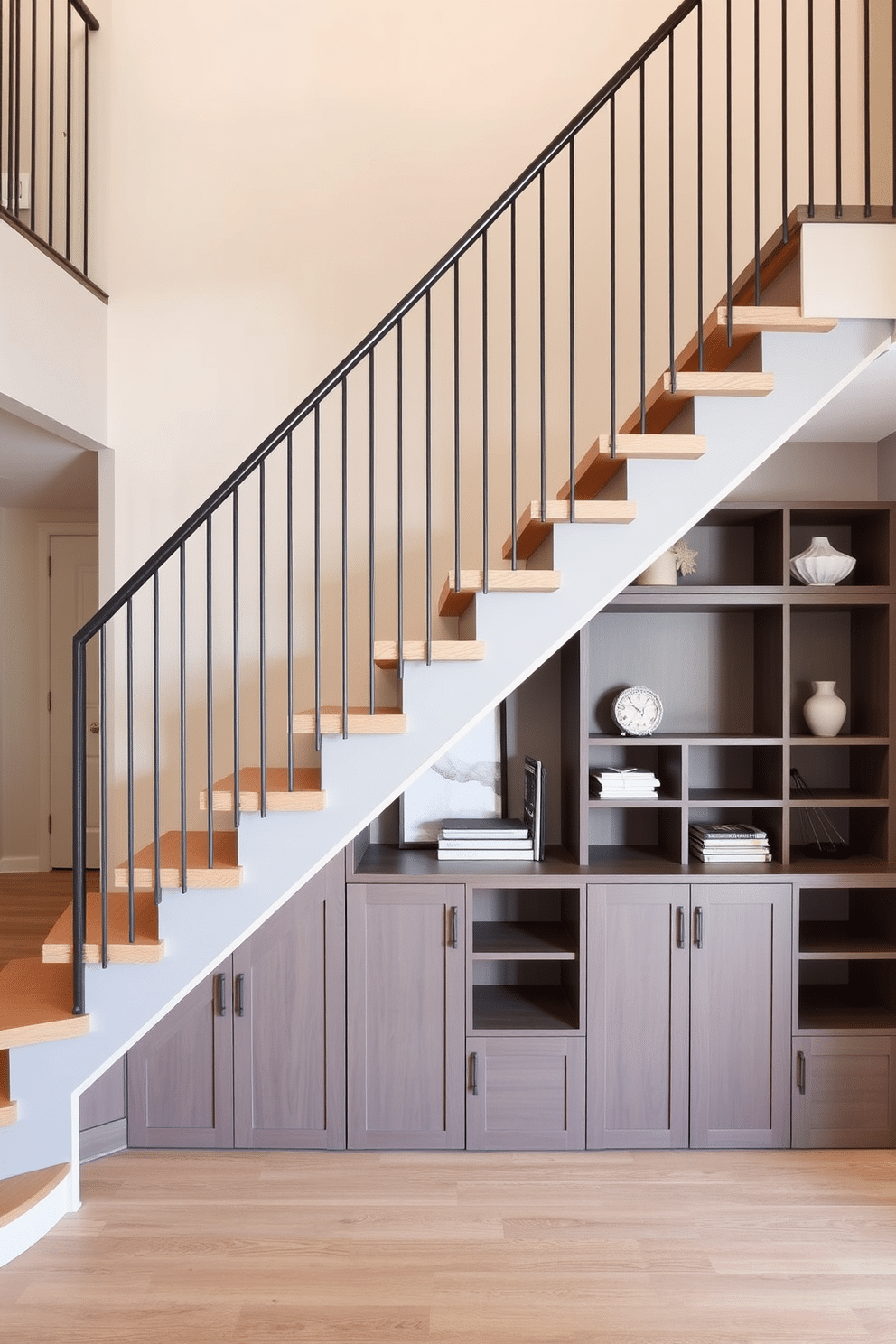 A modern U-shaped staircase features sleek wooden treads and a minimalist metal railing, creating an open and airy feel in the space. Beneath the staircase, built-in storage solutions include custom cabinetry with a combination of closed doors and open shelving, perfect for displaying decorative items and keeping clutter at bay.