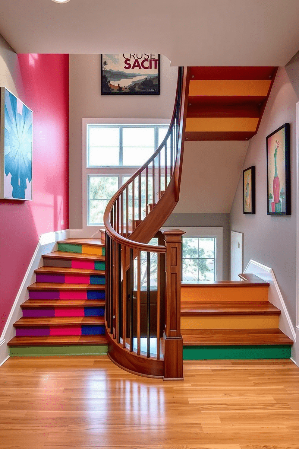 A U-shaped staircase with bold color accents on the risers creates a striking focal point in the entryway. The staircase features a sleek wooden railing and a polished hardwood finish, while each riser is painted in a vibrant hue, adding personality and energy to the space. The surrounding walls are adorned with contemporary artwork that complements the staircase's colors. Soft, ambient lighting highlights the staircase, enhancing its architectural beauty and inviting guests to explore the upper levels.