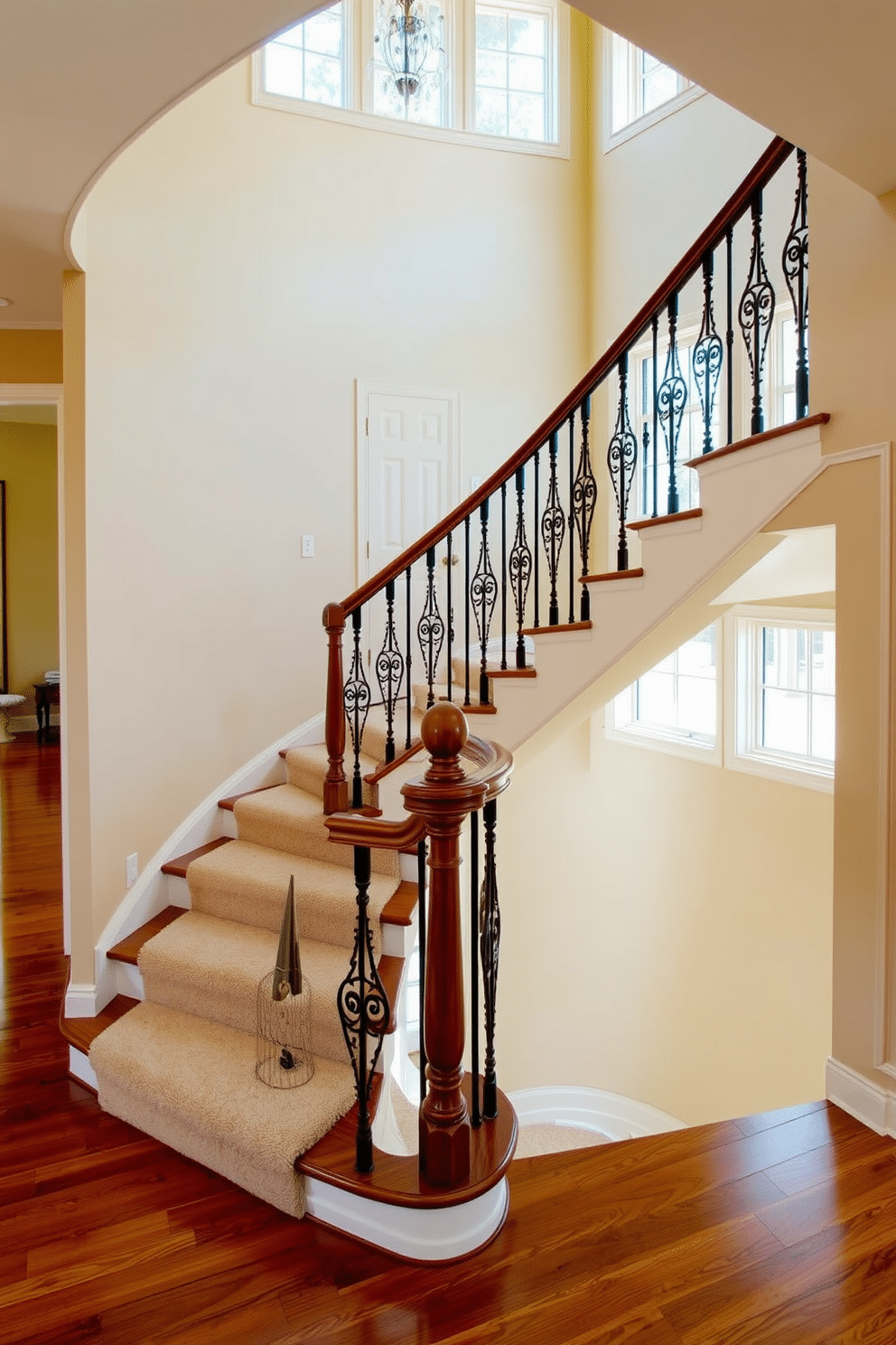 A U-shaped staircase elegantly showcases classic wrought iron balusters, enhancing the charm of the entryway. The balusters feature intricate designs that complement the rich wooden handrail, creating a warm and inviting atmosphere. The staircase is adorned with a plush runner that adds a touch of luxury, while the surrounding walls are painted in a soft, neutral tone to highlight the architectural details. Large windows allow natural light to flood the space, illuminating the beauty of the staircase and its ornate balusters.