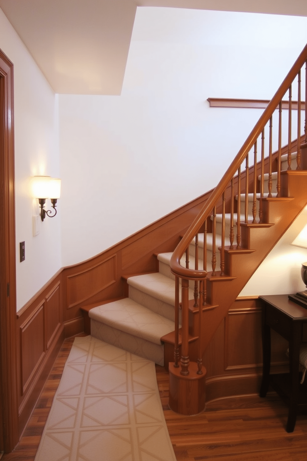 A cozy U-shaped staircase features a luxurious upholstered runner that adds comfort and warmth underfoot. The runner is adorned with a subtle geometric pattern in soft hues, complementing the elegant wood finish of the staircase. The staircase is flanked by stylish wall sconces that illuminate the space, enhancing the inviting atmosphere. A decorative handrail curves gracefully along the staircase, providing both safety and a touch of sophistication.