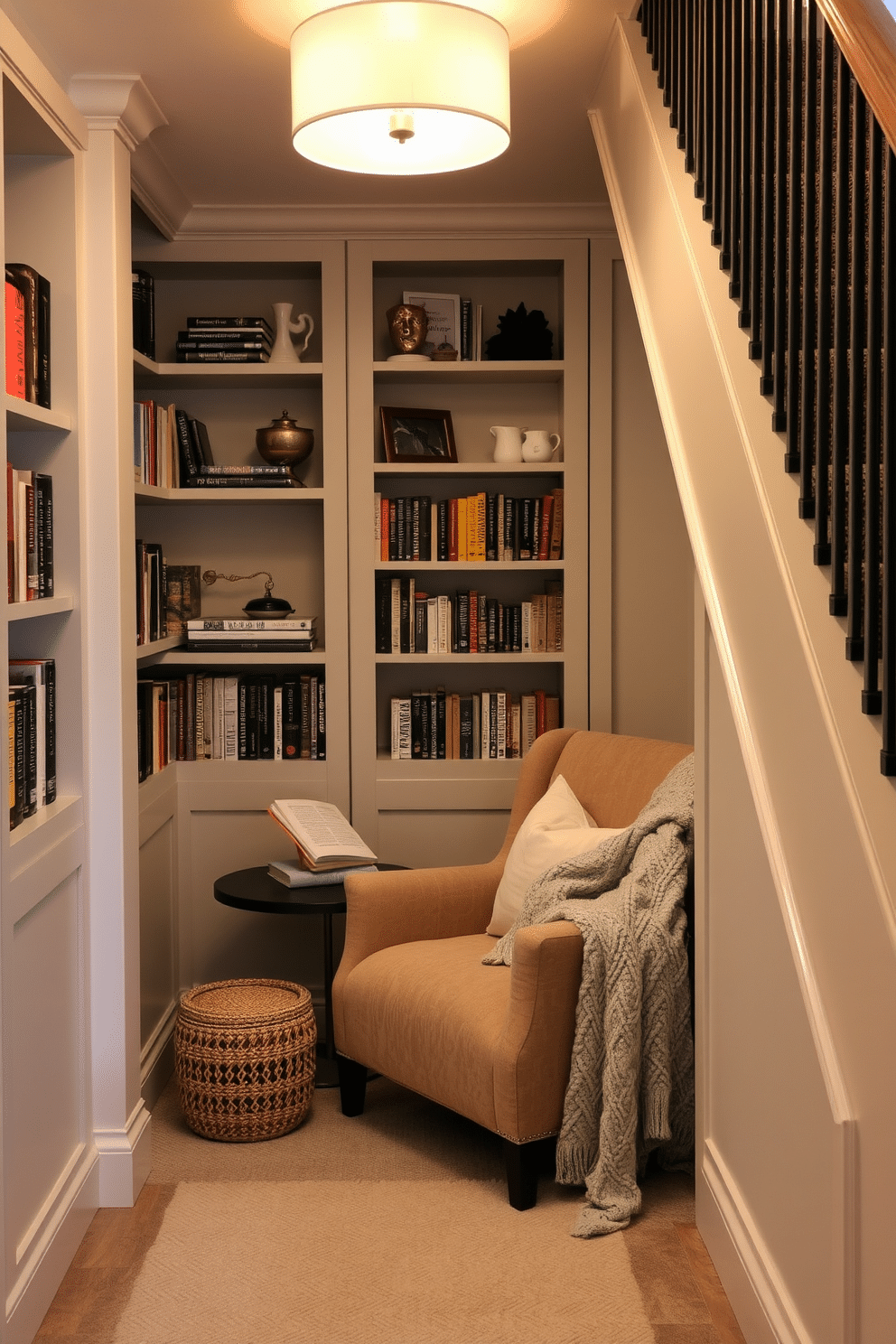 A cozy reading nook nestled under the staircase features a plush armchair upholstered in soft fabric, inviting you to unwind with a good book. Built-in shelves line the walls, filled with an array of books and decorative items, while a warm, ambient light fixture casts a gentle glow over the space. The design incorporates a small side table next to the armchair, perfect for holding a cup of tea or coffee. Soft, textured throw pillows and a knitted blanket add comfort and warmth, creating an ideal retreat for relaxation and escape.