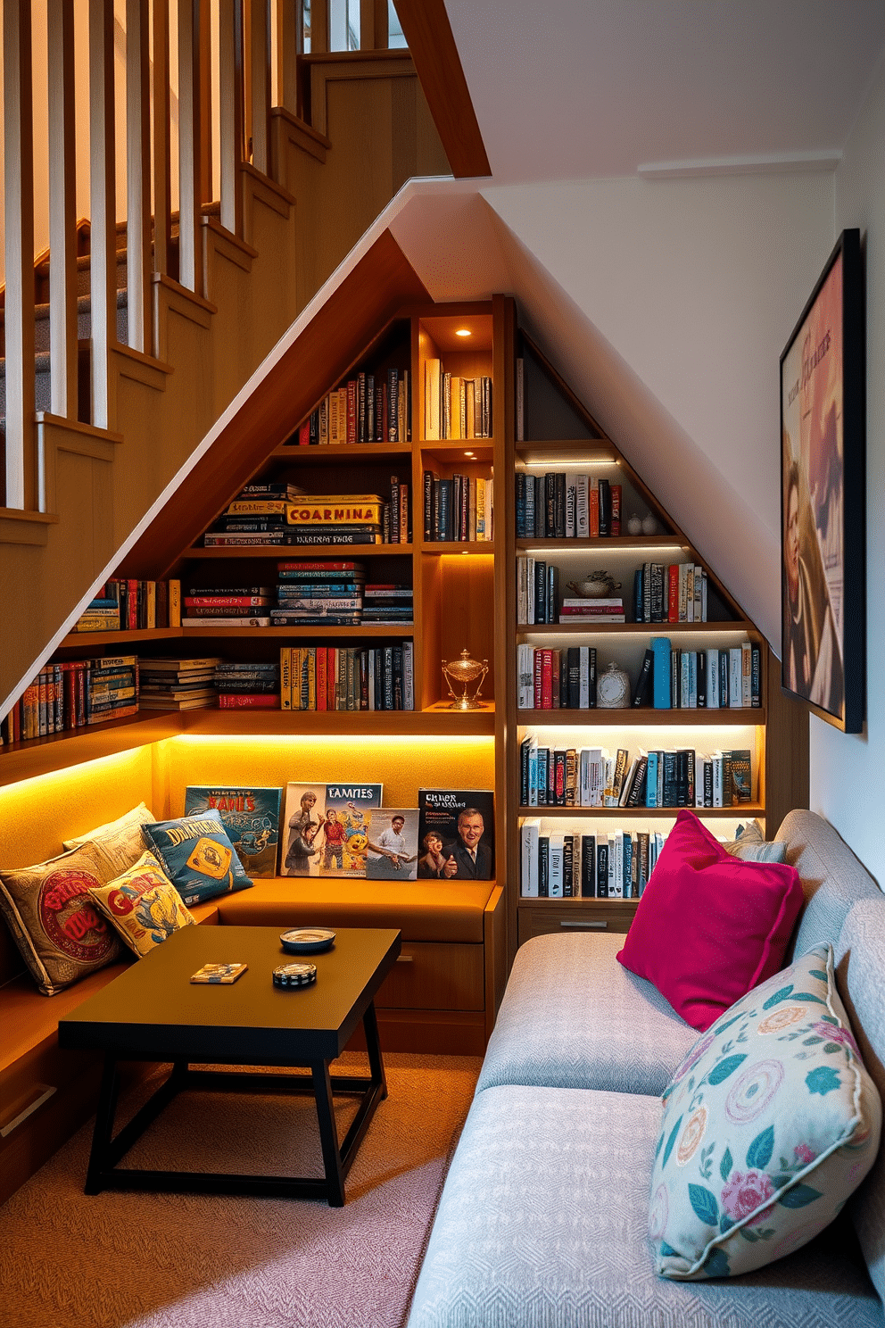 A cozy game area nestled under the staircase, featuring a mix of colorful board games stacked on open shelves. Plush seating with vibrant cushions invites friends and family to gather for game nights, with warm lighting creating an inviting atmosphere. An innovative under-staircase design, showcasing a sleek built-in bookshelf filled with novels and decorative items. The space is enhanced by soft LED lighting, highlighting the unique architecture while providing a functional and stylish storage solution.