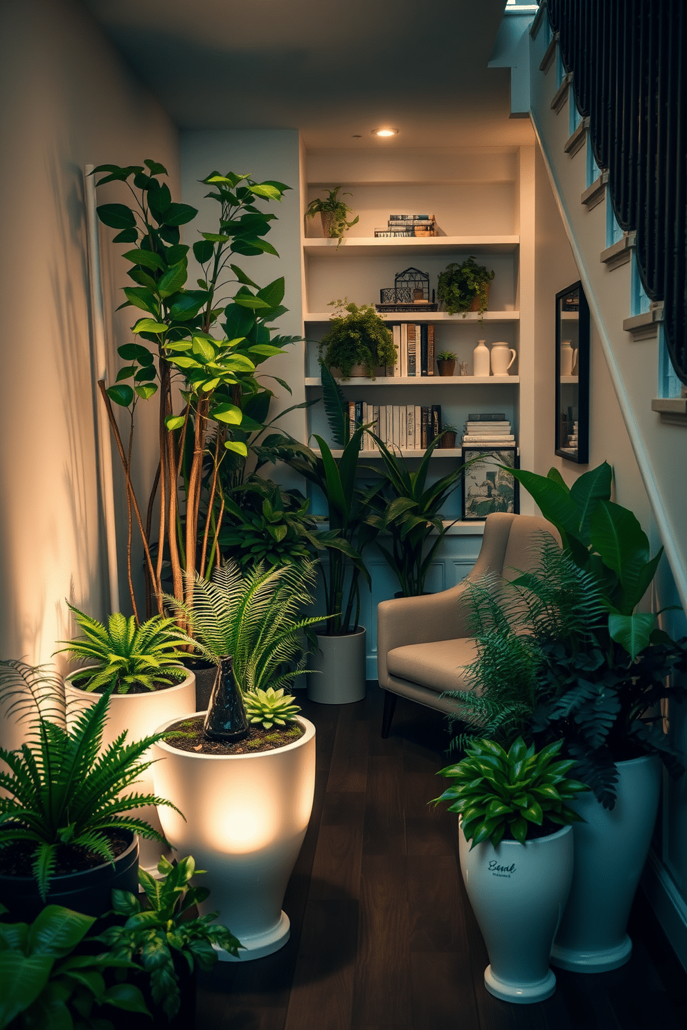 Indoor garden with plants and lighting. A serene space featuring a variety of lush greenery, including ferns and succulents, arranged in elegant planters. Soft, ambient lighting illuminates the plants, creating a calming atmosphere. A small water feature adds a soothing sound, enhancing the tranquility of the indoor garden. Under Staircase Design Ideas. A cozy nook designed beneath a staircase, featuring built-in shelves filled with books and decorative items. A comfortable reading chair is positioned next to a small side table, creating an inviting spot for relaxation.