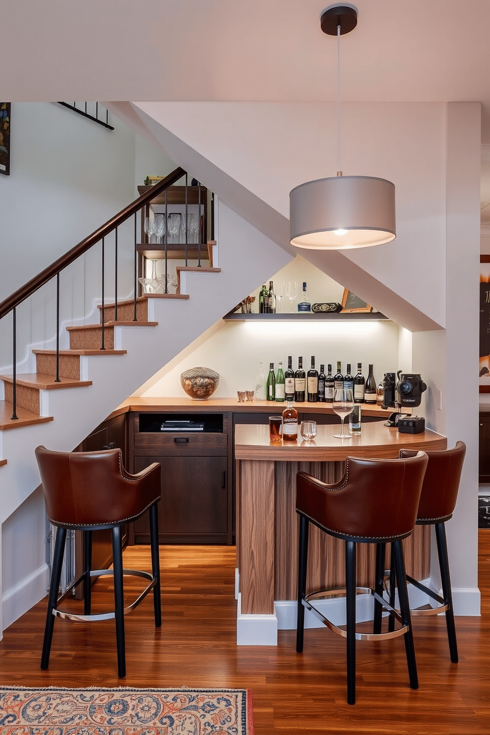 A stylish home bar nestled under the staircase features a sleek wooden counter with high stools upholstered in rich leather. Above the bar, open shelving displays an array of glassware and premium spirits, complemented by soft ambient lighting that enhances the cozy atmosphere. The staircase design incorporates a seamless blend of function and aesthetics, with built-in storage solutions and decorative elements. The walls are adorned with artwork, and the space is illuminated by a statement pendant light, creating an inviting nook for relaxation and entertainment.