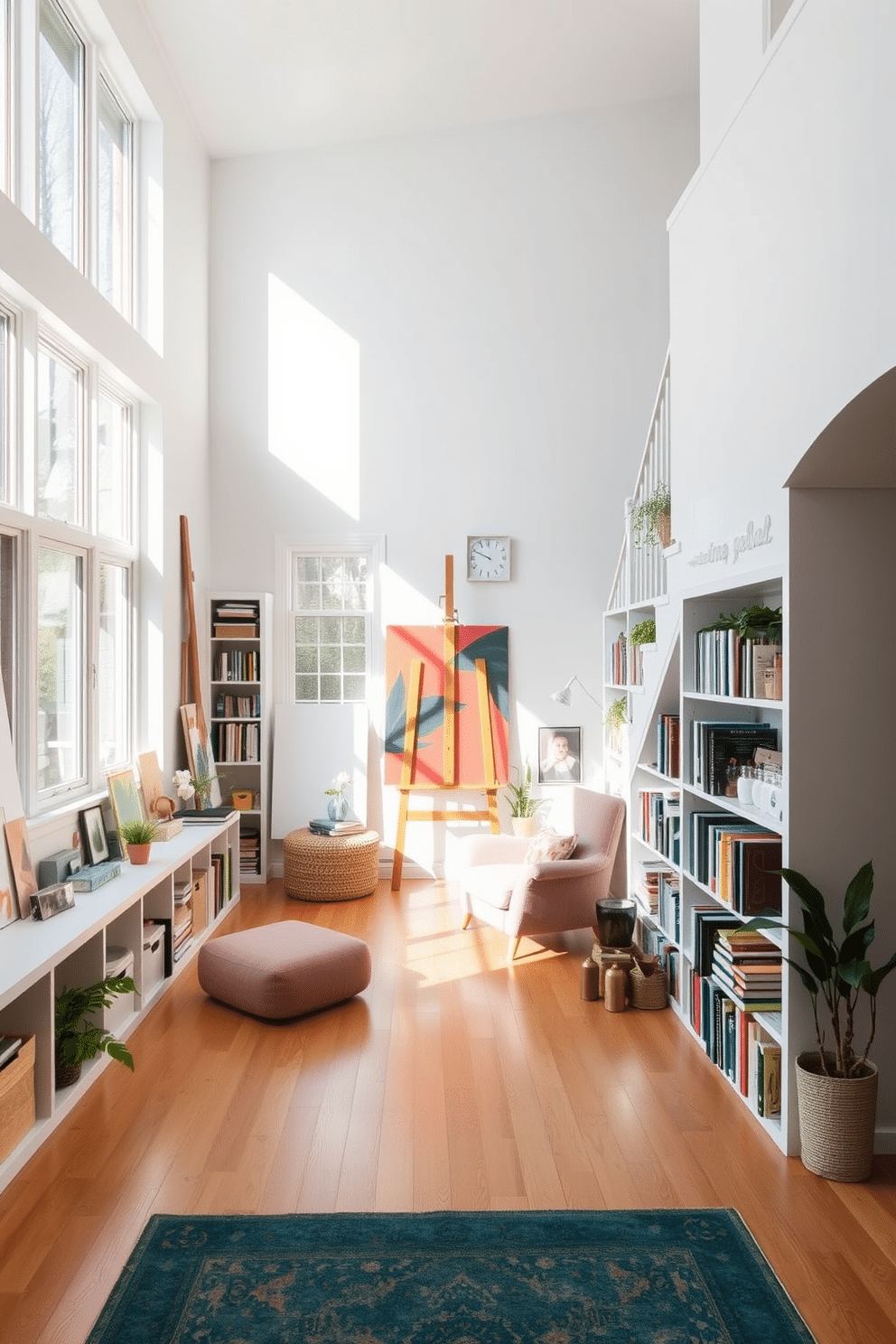 Art studio with natural light and storage. The room features large windows that flood the space with sunlight, illuminating the white walls and wooden floors. Along one wall, there are built-in shelves filled with art supplies and colorful canvases, while a large easel stands in the center of the room, inviting creativity. Under staircase design ideas. This area is transformed into a cozy reading nook with built-in bookshelves lining the walls and a plush armchair nestled in the corner. Soft lighting highlights the space, while decorative elements like plants and artwork add personality and charm.