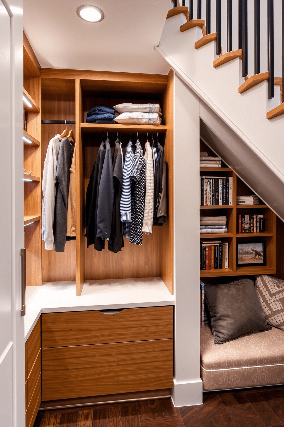 A custom closet designed for seasonal clothing features built-in shelving and hanging space optimized for organization. The cabinetry is finished in a warm wood tone, with soft LED lighting illuminating the neatly arranged garments and accessories. Under the staircase, a multifunctional design incorporates storage solutions and a cozy reading nook. The space is enhanced with built-in bookshelves and plush seating, creating a charming retreat that maximizes the often-overlooked area.