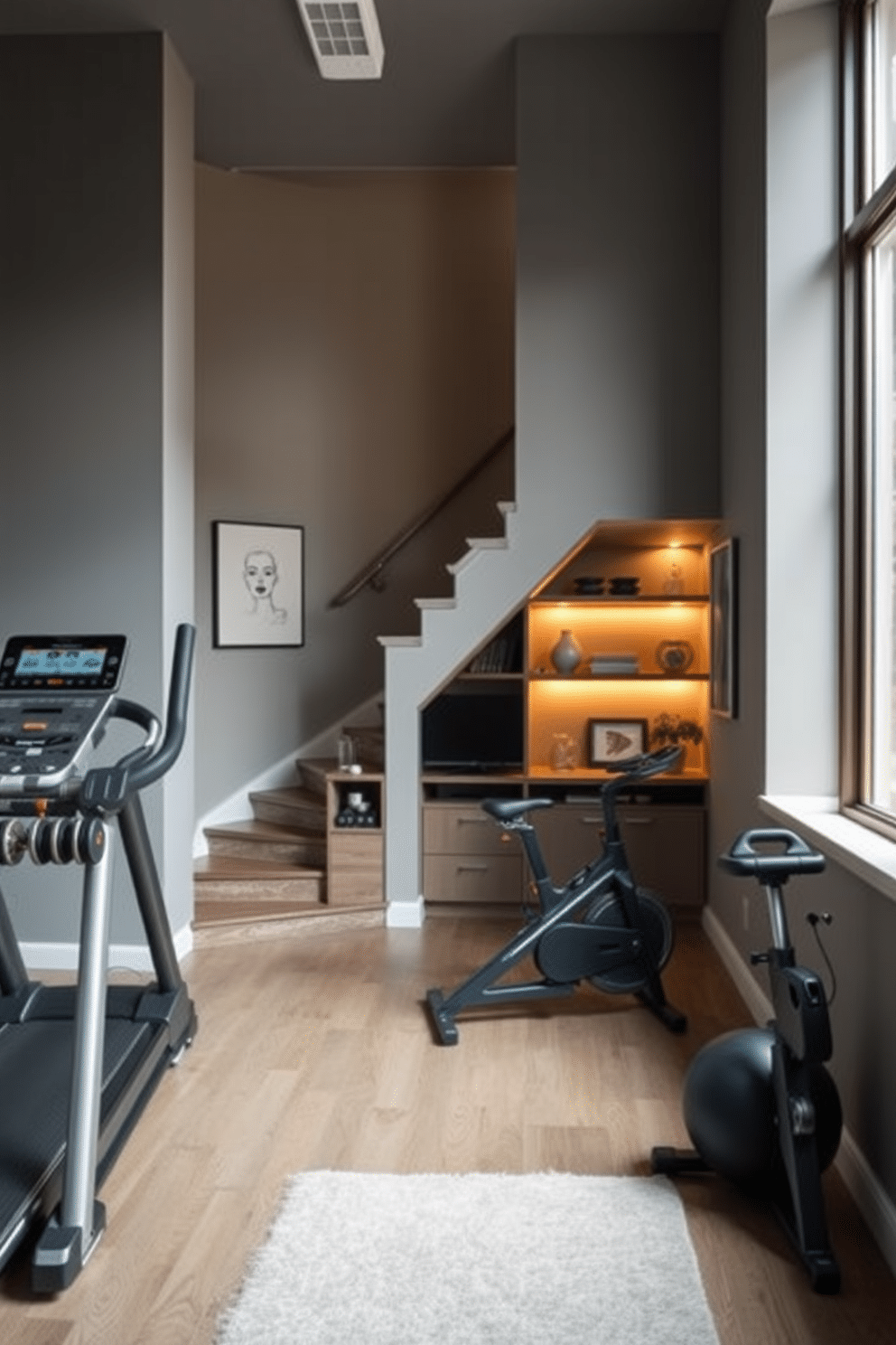 A modern home gym featuring sleek fitness equipment, including a treadmill, weights, and a stationary bike. The walls are painted in a calming gray, with ample natural light streaming in from a nearby window, creating an inviting workout space. An innovative under-staircase design that maximizes storage and functionality. The area is transformed into a cozy nook with built-in shelves, a small desk, and decorative elements, all complemented by warm lighting and a stylish rug.