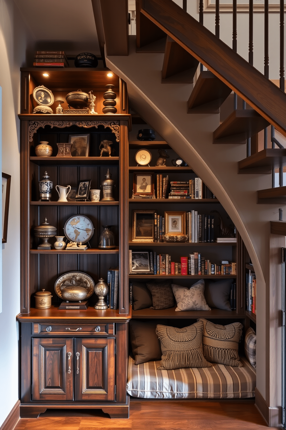 A vintage display area for collectibles featuring a wooden shelving unit with intricate carvings, showcasing a curated selection of antique items and memorabilia. Soft, warm lighting highlights the unique textures and colors of the collectibles, creating a cozy and inviting atmosphere. Under the staircase, a creative design idea incorporates built-in bookshelves that seamlessly blend with the staircase structure. The shelves are adorned with a mix of books and decorative items, while a cushioned reading nook with plush pillows invites relaxation in this otherwise unused space.