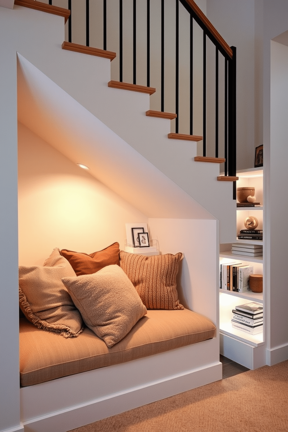 A cozy reading nook nestled under the staircase, featuring soft, ambient lighting that creates a warm atmosphere. Plush cushions in various textures are scattered on a built-in bench, inviting relaxation with a stack of books nearby. An innovative design for the under-staircase area, transformed into a functional space with sleek shelving and a small desk. The walls are painted in a light, airy color, accented by decorative elements that enhance the overall aesthetic.