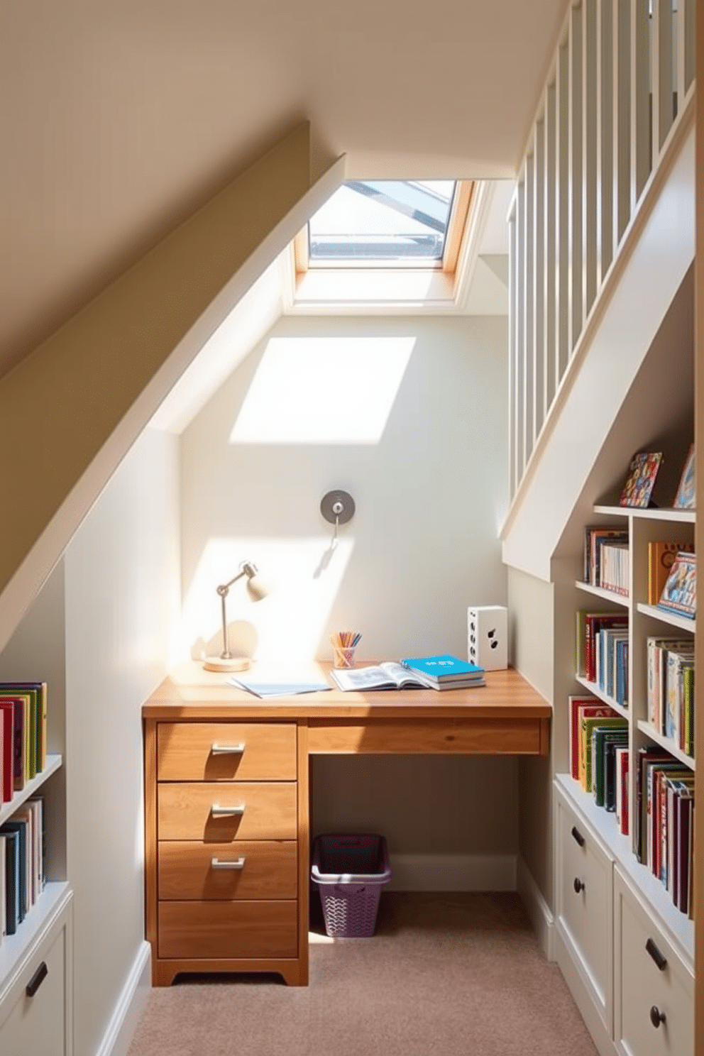 A cozy children's homework station is nestled under a staircase, featuring a sturdy wooden desk with ample storage drawers. The desk is adorned with colorful stationery and a small lamp, while the walls are painted in a cheerful pastel hue, creating an inviting study space. The area is illuminated by a skylight above, allowing natural light to flood in during the day. Shelves filled with books and educational games line the walls, making this under-staircase nook both functional and fun for kids.