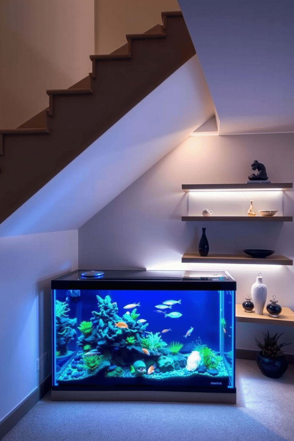 A stunning under-stairs aquarium seamlessly integrates into the space, featuring a sleek glass design that showcases vibrant marine life. Soft LED lighting illuminates the aquarium, creating a tranquil ambiance and drawing attention to the natural beauty of the fish and aquatic plants. The surrounding area is designed with minimalist shelving, allowing for decorative items to complement the aquarium without overwhelming the space. Warm wood tones and neutral colors enhance the overall aesthetic, making the under-stairs area a focal point of the home.