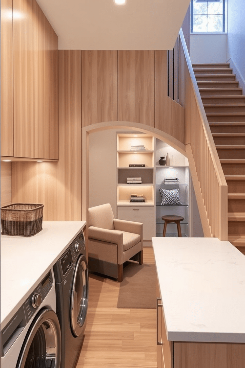 A functional laundry space with a dedicated folding area features a sleek countertop made of quartz that extends across the room, providing ample space for sorting and folding clothes. The cabinetry above is crafted from light wood, offering both storage and a clean aesthetic, while a stylish basket sits in the corner for easy access to laundry essentials. Under the staircase, design ideas include a cozy reading nook with built-in shelves that seamlessly integrate with the staircase structure. Soft lighting illuminates the space, while a plush armchair and a small side table create an inviting atmosphere for relaxation and reading.