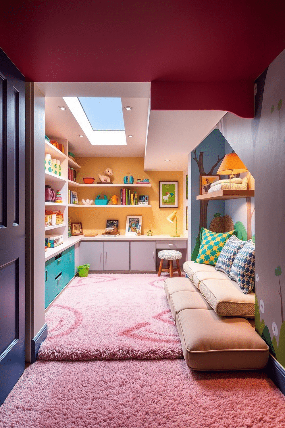 A whimsical secret playroom tucked away behind a hidden entrance, featuring vibrant colors and playful decor. Soft, plush carpets cover the floor, while shelves are filled with toys and books, creating a magical atmosphere for children. An imaginative under staircase design that maximizes space, incorporating a cozy reading nook with built-in cushions. The walls are adorned with colorful murals, and clever storage solutions blend seamlessly into the design, making it both functional and fun.