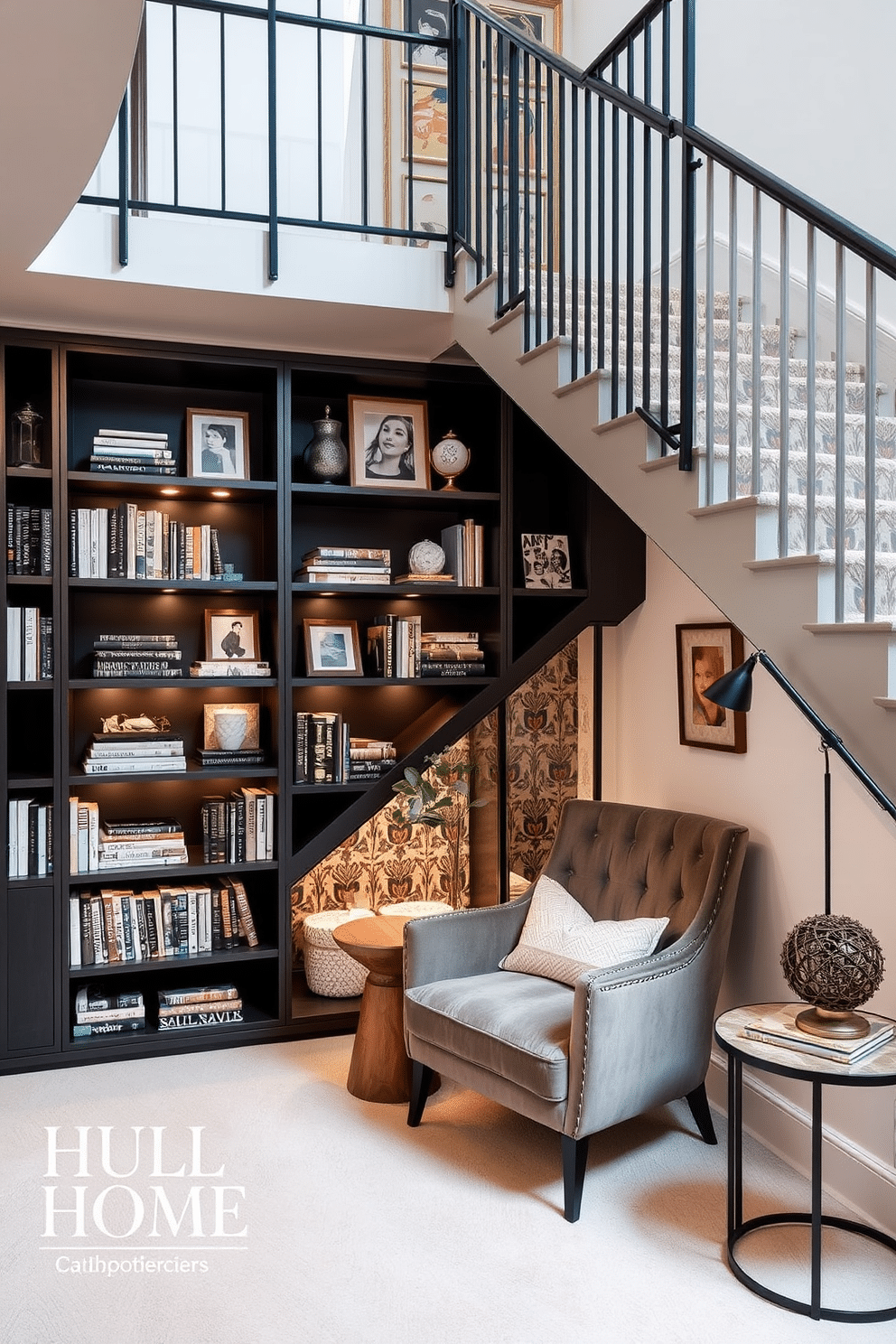 A stylish display for books and decor features a custom-built shelving unit that seamlessly fits the contour of the staircase. The shelves are filled with an eclectic mix of books, art pieces, and decorative objects, with warm lighting illuminating the display to create a cozy atmosphere. Underneath the staircase, a multifunctional space is designed with a small reading nook, complete with a plush armchair and a side table. The area is accented with soft textiles and a unique wallpaper, transforming the often-overlooked space into an inviting retreat.