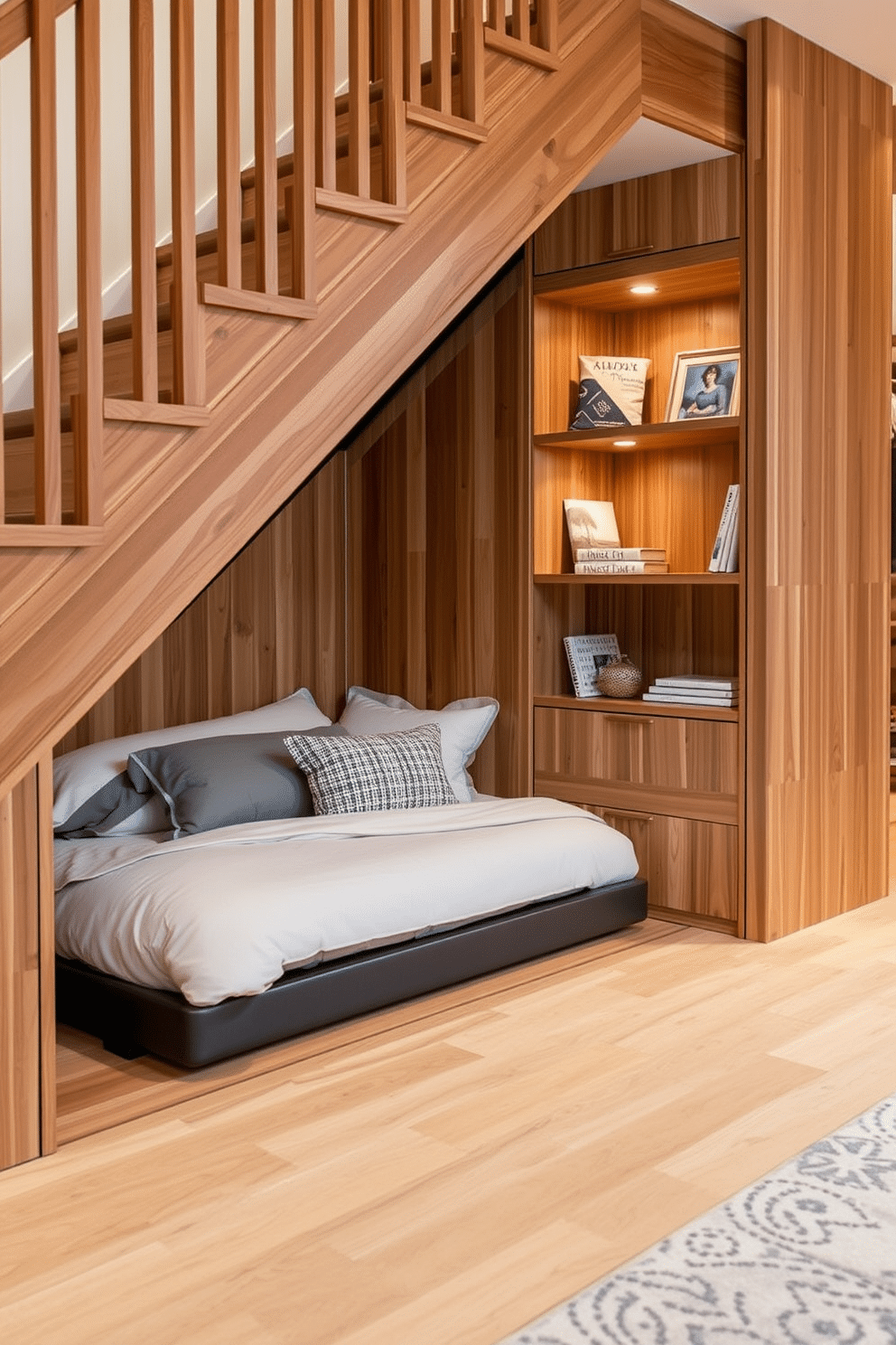 A compact guest bed tucked neatly under the staircase, featuring a sleek, modern design with a pull-out mechanism for easy access. Soft, neutral bedding complements the warm wood tones of the staircase, creating an inviting and functional space for unexpected visitors. An innovative under-staircase design that maximizes storage while maintaining aesthetic appeal. Incorporating open shelving and a cozy reading nook, the space is illuminated by warm lighting, enhancing the overall charm and utility of the area.