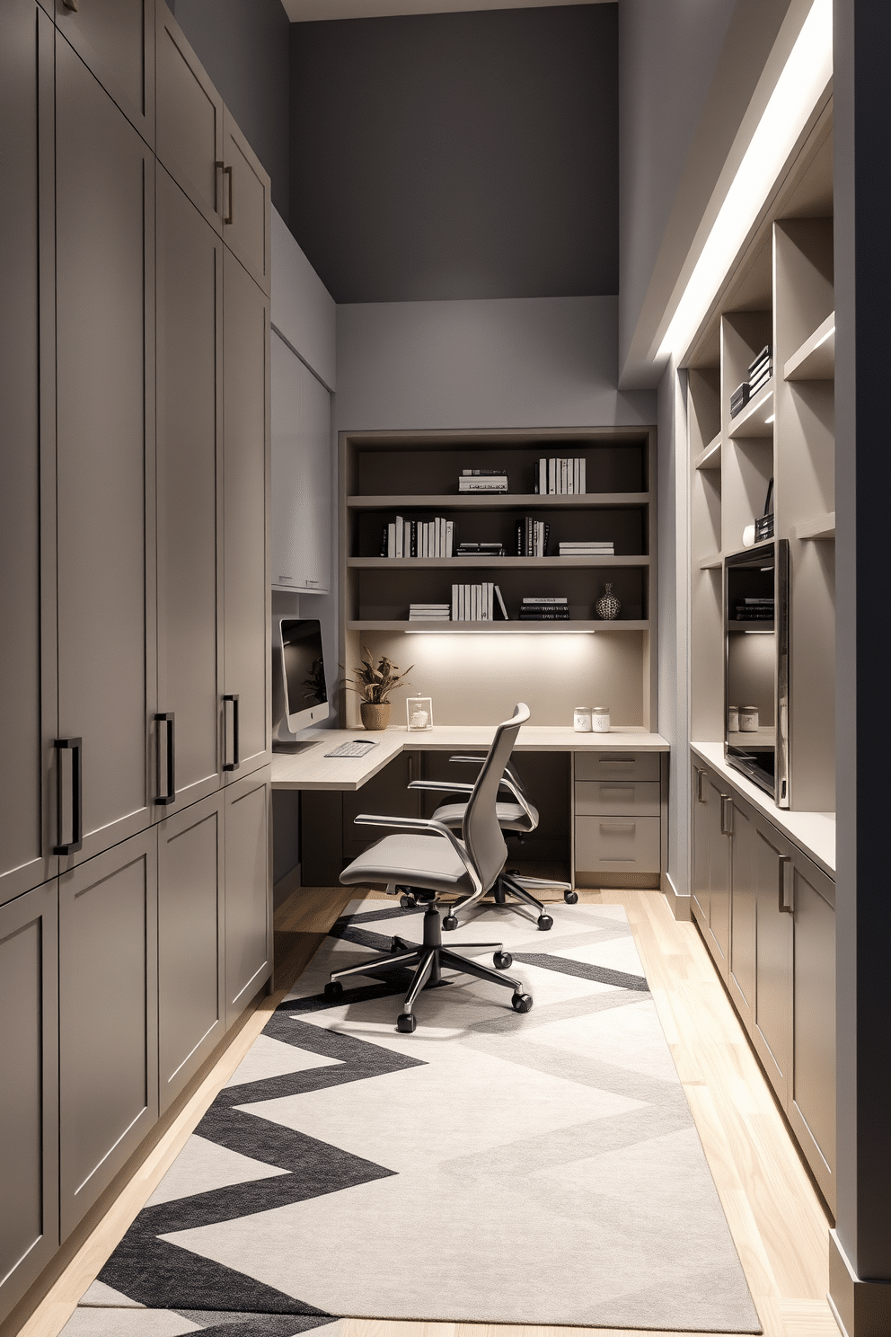 A modern under-stairs office is designed with sleek, built-in cabinetry that maximizes storage space while maintaining a minimalist aesthetic. A large desk with integrated tech features sits against the wall, complemented by ergonomic seating and soft, ambient lighting that enhances productivity. The walls are painted in a soft gray, creating a calming atmosphere, while a geometric rug adds a touch of warmth to the space. Shelves filled with books and decorative items are neatly arranged, and a small potted plant brings a hint of nature into the office nook.