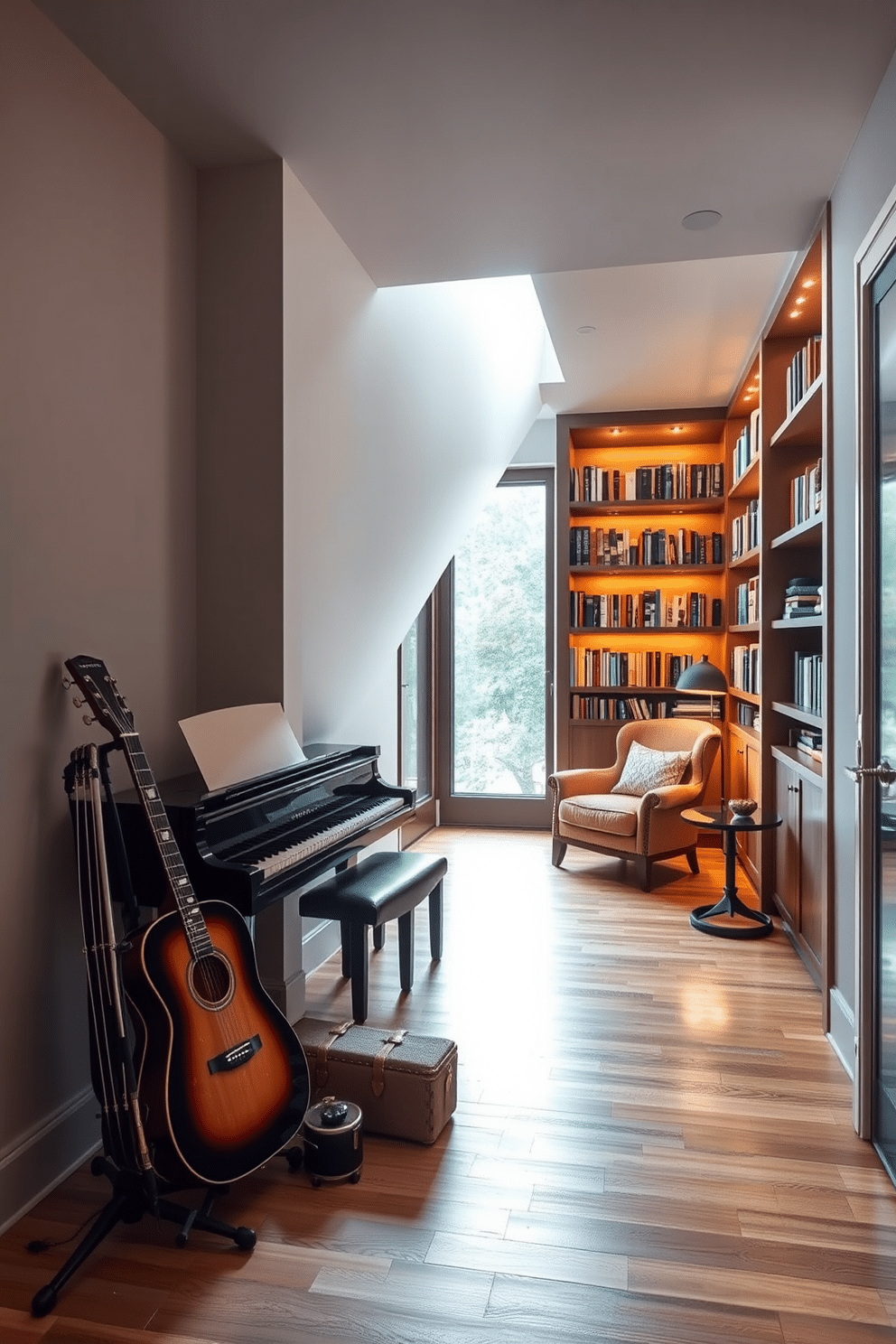 A creative space for musical instruments. The room features a sleek, soundproofed corner with a polished wooden floor, where a grand piano is elegantly positioned beside a vintage guitar stand adorned with various instruments. Under staircase design ideas. This area is transformed into a cozy reading nook with built-in shelves filled with books, complemented by a plush armchair and a small side table, all bathed in warm, ambient lighting.