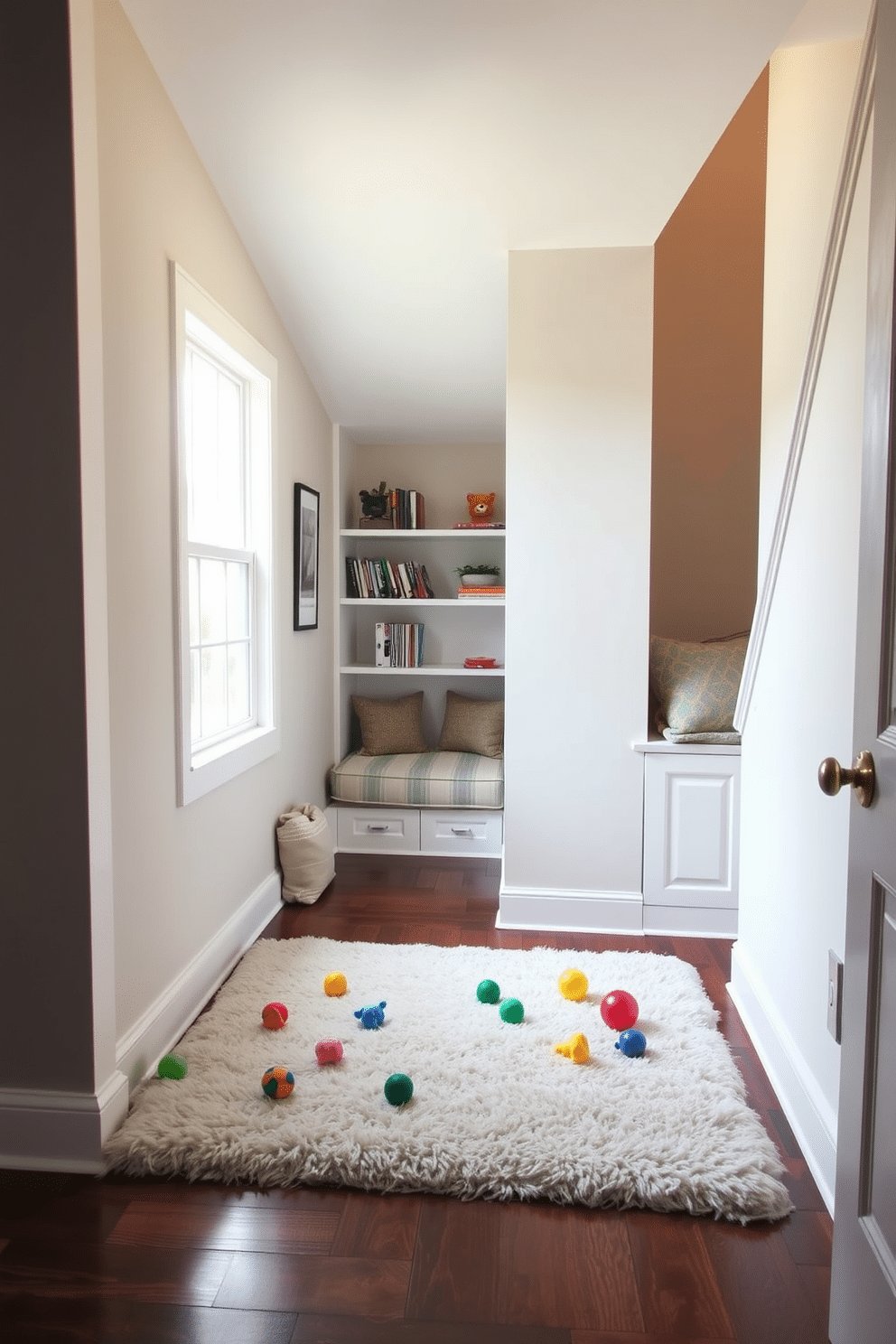 A cozy indoor pet play area features colorful toys scattered across a soft, plush rug. The space is illuminated by natural light streaming in through a nearby window, creating a cheerful atmosphere for pets to enjoy. An innovative under staircase design incorporates built-in shelves and a small reading nook. Soft lighting highlights the space, while a comfortable cushion invites relaxation in this otherwise unused area.