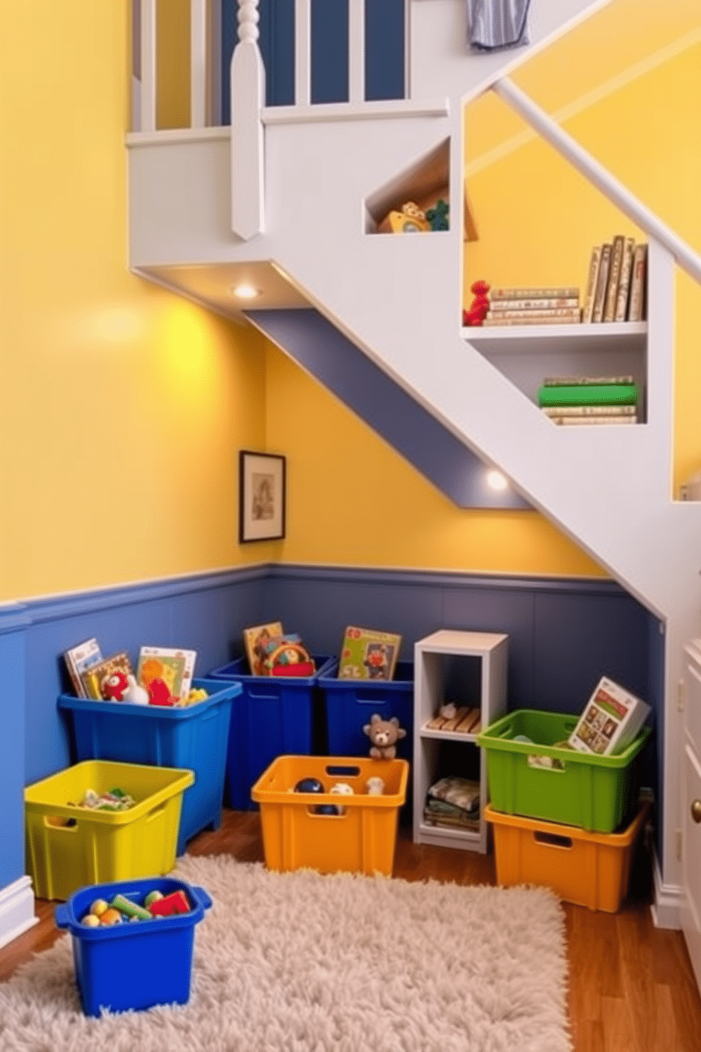 A vibrant play area for kids is nestled under the staircase, featuring colorful storage bins filled with toys and games. The walls are painted in cheerful shades of blue and yellow, while a soft, plush rug provides a comfortable space for play. The staircase itself is designed with built-in shelves that display books and decorative items, enhancing the playful atmosphere. Soft, ambient lighting illuminates the area, creating a cozy nook perfect for imaginative adventures.