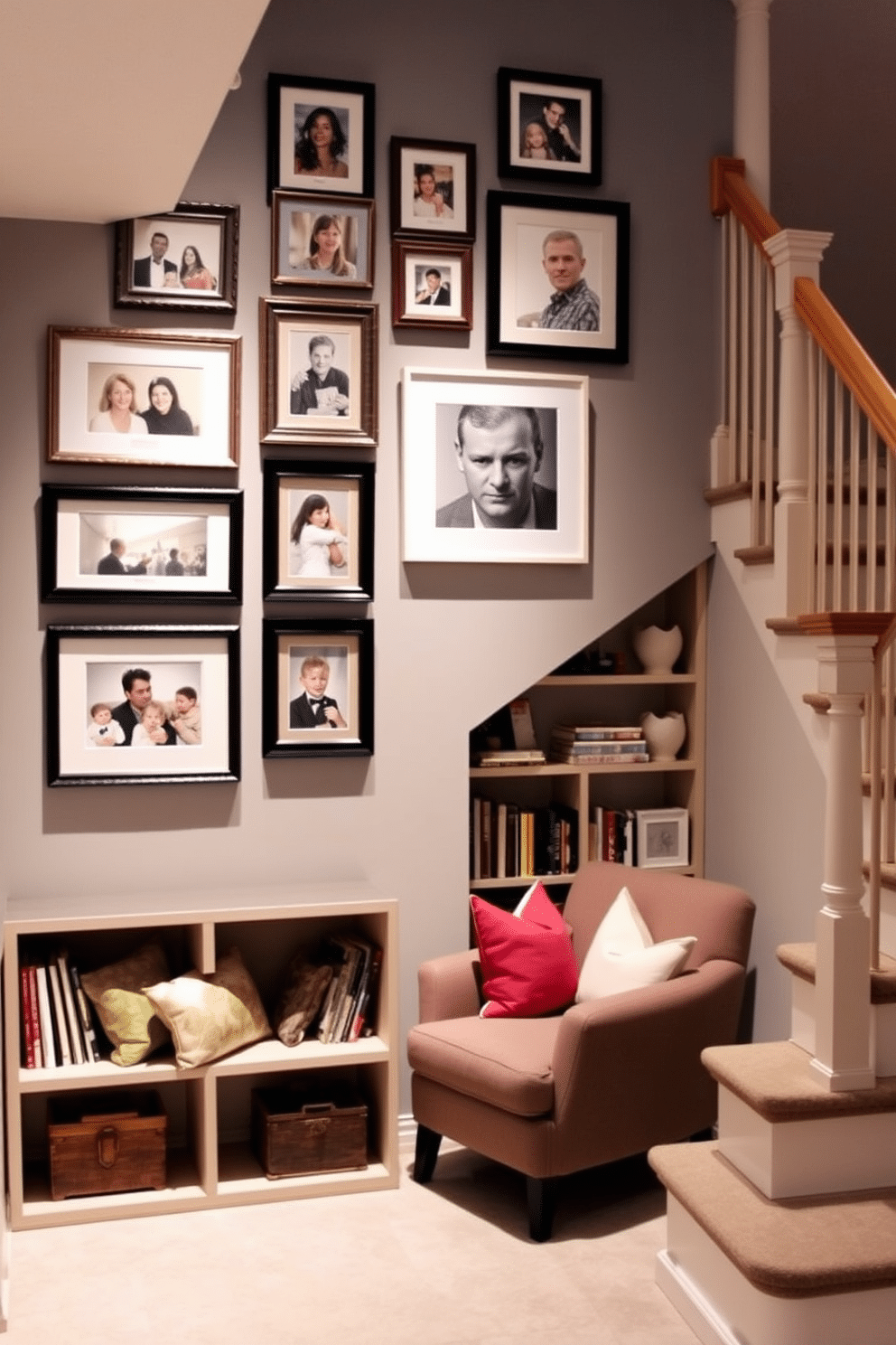 A personalized photo gallery wall featuring a mix of framed family portraits and artistic prints. The arrangement is asymmetrical, with varying frame sizes and colors, creating a dynamic visual interest against a soft gray background. Under the staircase, a cozy reading nook is designed with built-in shelving and a plush armchair. Soft lighting illuminates the space, while decorative pillows and a small side table enhance the inviting atmosphere.