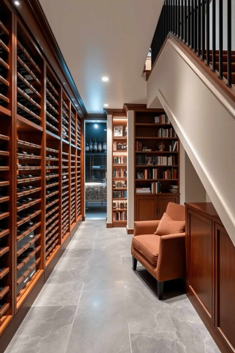 A luxurious wine cellar features custom shelving units made of rich mahogany, elegantly displaying an extensive collection of fine wines. Soft, ambient lighting highlights the bottles, while a sleek stone floor adds a touch of sophistication to the space. The under-staircase area is transformed into a cozy reading nook, complete with built-in bookshelves and a plush armchair. Warm, inviting colors and soft lighting create a perfect retreat for relaxation and enjoyment.