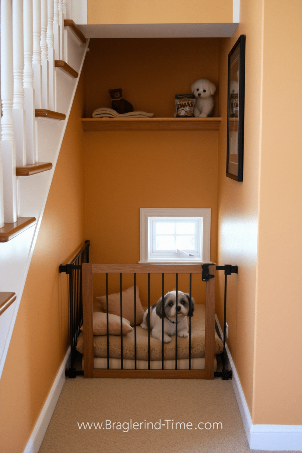 A pet retreat tucked beneath the staircase features a cozy bedding area with plush cushions and a soft blanket. The walls are painted in a warm, inviting color, and a small shelf above holds toys and treats for easy access. The design incorporates a stylish wooden gate to keep pets secure while allowing easy access for their owners. Natural light filters in through a small window, enhancing the comfort of this charming space.