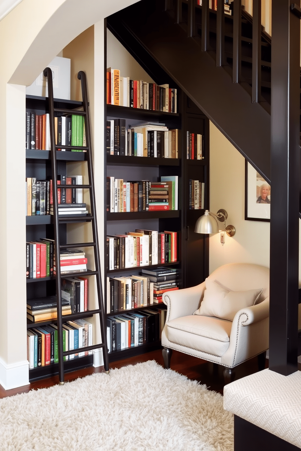 A cozy mini library tucked under the staircase features dark wooden shelves filled with books of various sizes. A stylish rolling ladder provides access to the higher shelves, while a comfortable armchair sits in the corner, inviting readers to relax. The walls are painted a soft cream, enhancing the warm ambiance, and a small reading lamp illuminates the space. A plush area rug anchors the seating area, adding texture and comfort to this charming nook.