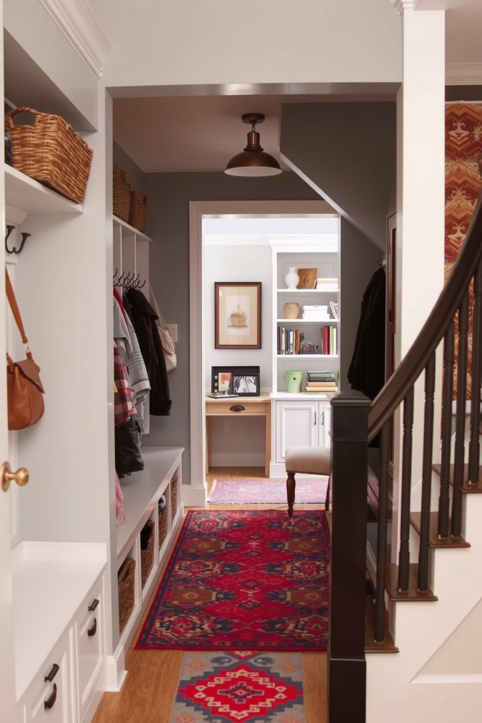 A stylish mudroom features a combination of built-in storage benches and hooks for hanging coats and bags. The walls are painted a soft gray, accented with a vibrant area rug and decorative baskets for added organization. Under the staircase, a cozy nook is designed with a small desk and shelving for books and decorative items. The space is illuminated by a stylish pendant light, creating an inviting atmosphere that maximizes functionality.