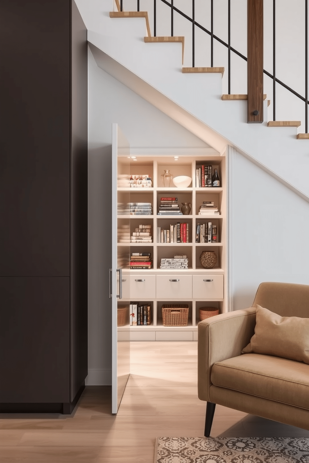 A hidden pantry tucked away under the staircase, featuring sleek cabinetry that blends seamlessly with the surrounding wall. The pantry door is a discreet panel that opens to reveal organized shelves filled with kitchen supplies, maximizing space without sacrificing style. An innovative under-staircase design that transforms the unused area into a cozy reading nook. The space is adorned with built-in shelving for books and decorative items, complemented by soft lighting and a plush armchair for a perfect retreat.