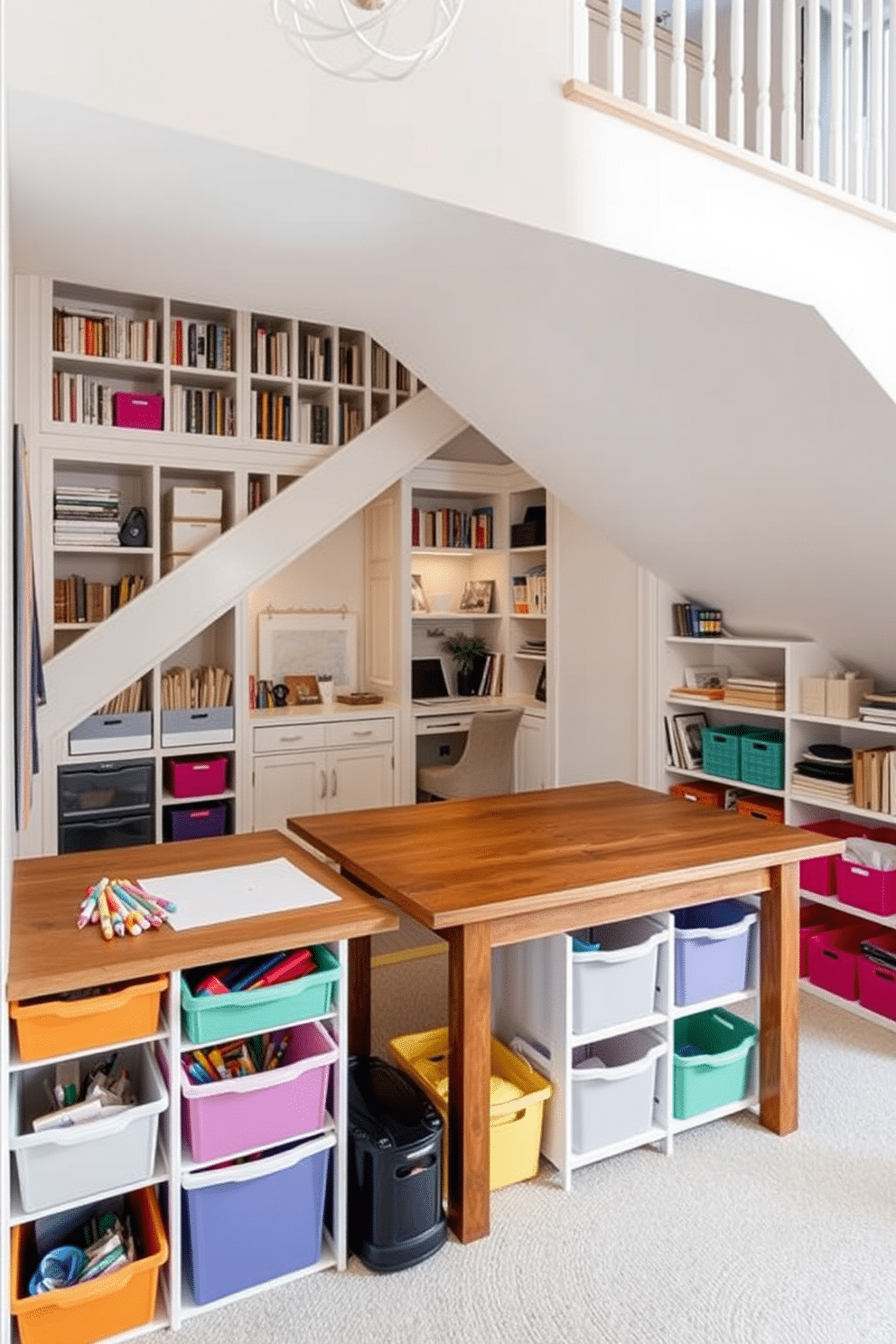 Creative craft station with organizers. The space features a large wooden table surrounded by colorful storage bins and shelves filled with art supplies. Under staircase design ideas. The area is transformed into a cozy nook with built-in bookshelves, a small desk, and soft lighting that highlights the unique architecture of the staircase.