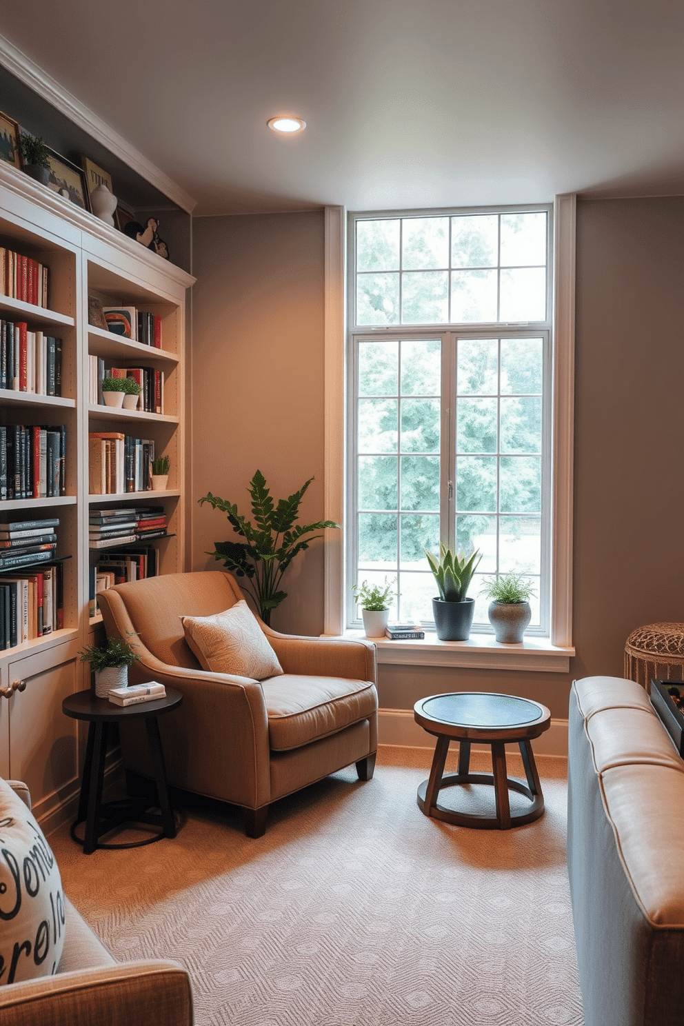 A cozy reading nook features a plush armchair upholstered in soft, warm fabric, positioned beside a large window that allows natural light to flood the space. Surrounding the nook, built-in shelves are filled with an array of books, decorative items, and a few potted plants, creating an inviting atmosphere. For the unfinished basement design, envision a multifunctional space with warm lighting and comfortable seating options that encourage relaxation and socializing. Incorporate a wet bar with stylish cabinetry and a game area, while maintaining an open layout that allows for easy movement and versatility.